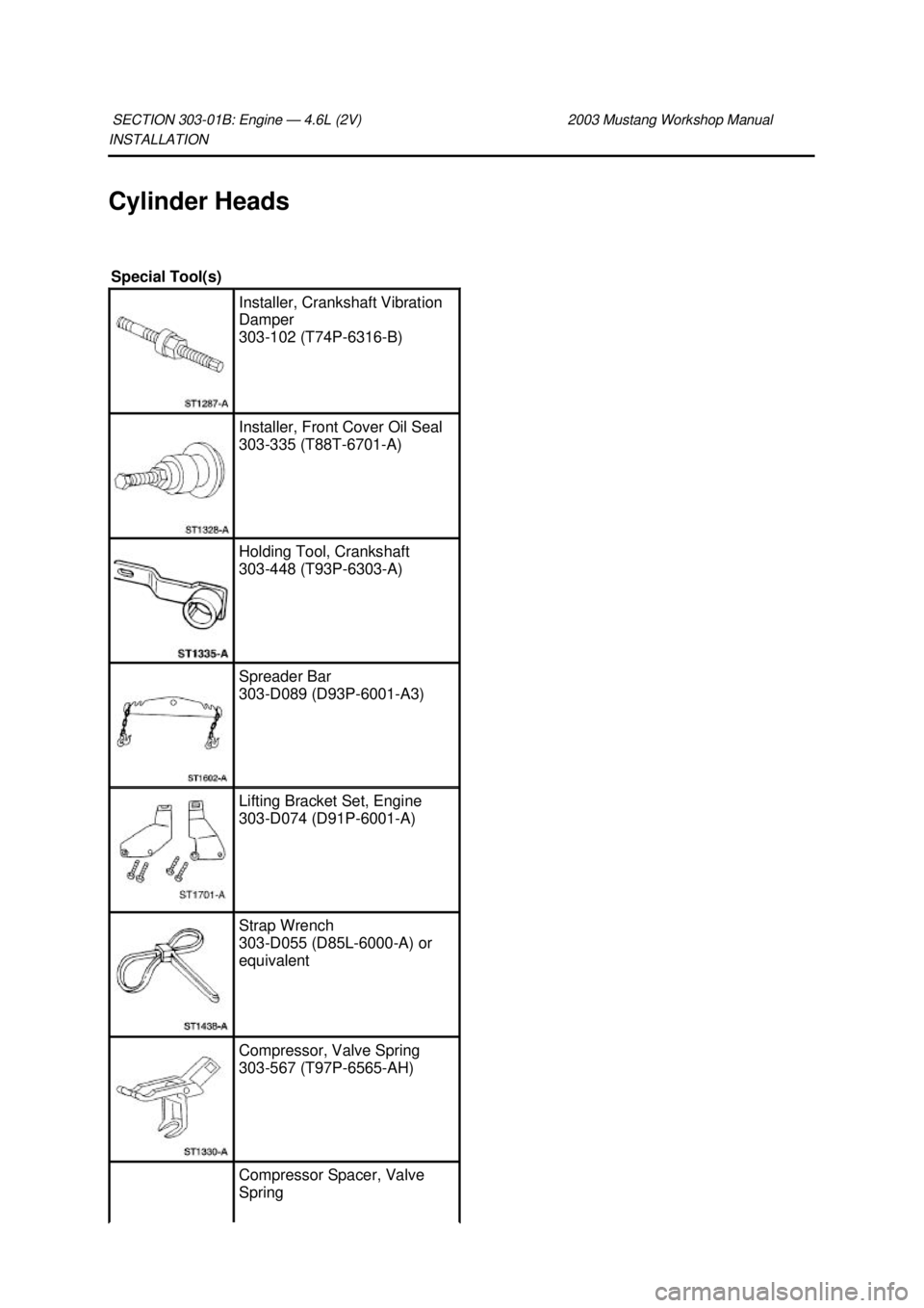 FORD MUSTANG 2003  Workshop Manual INSTALLATION 
Cylinder Heads 
SECTION 303-
01B: Engine — 4.6L (2V)  2003 Mustang Workshop Manual Special Tool(s) 
Installer, Crankshaft Vibration 
Damper 
303-
102 (T74P-6316- B)  Installer, Front C