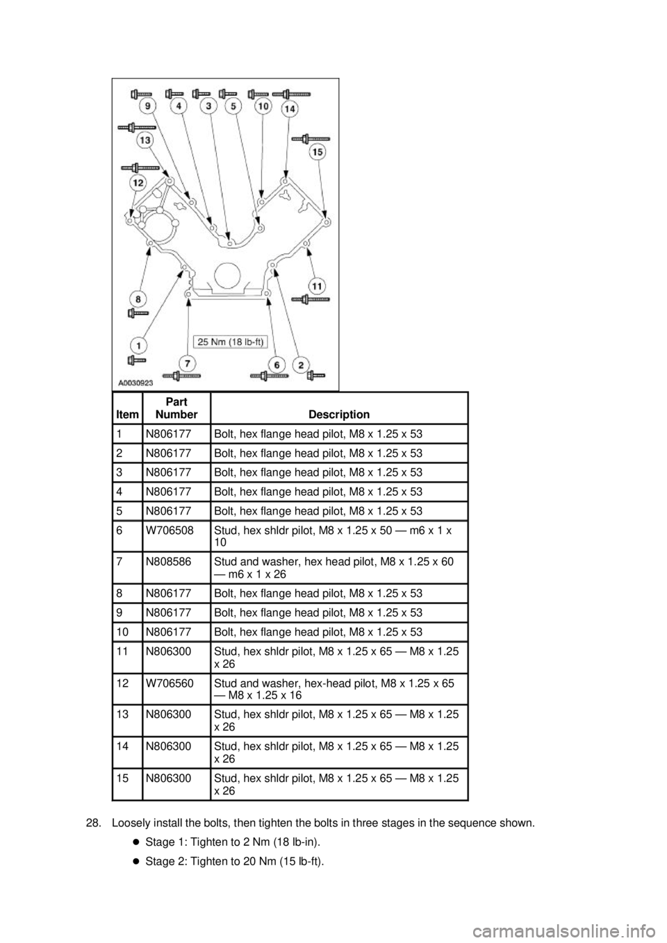 FORD MUSTANG 2003  Workshop Manual 28. Loosely install the bolts, then tighten the bolts in three stages in the sequence shown. 
�zStage 1: Tighten to 2 Nm (18 lb- in). 
�z Stage 2: Tighten to 20 Nm (15 lb- ft). Item  Part 
Number  Des