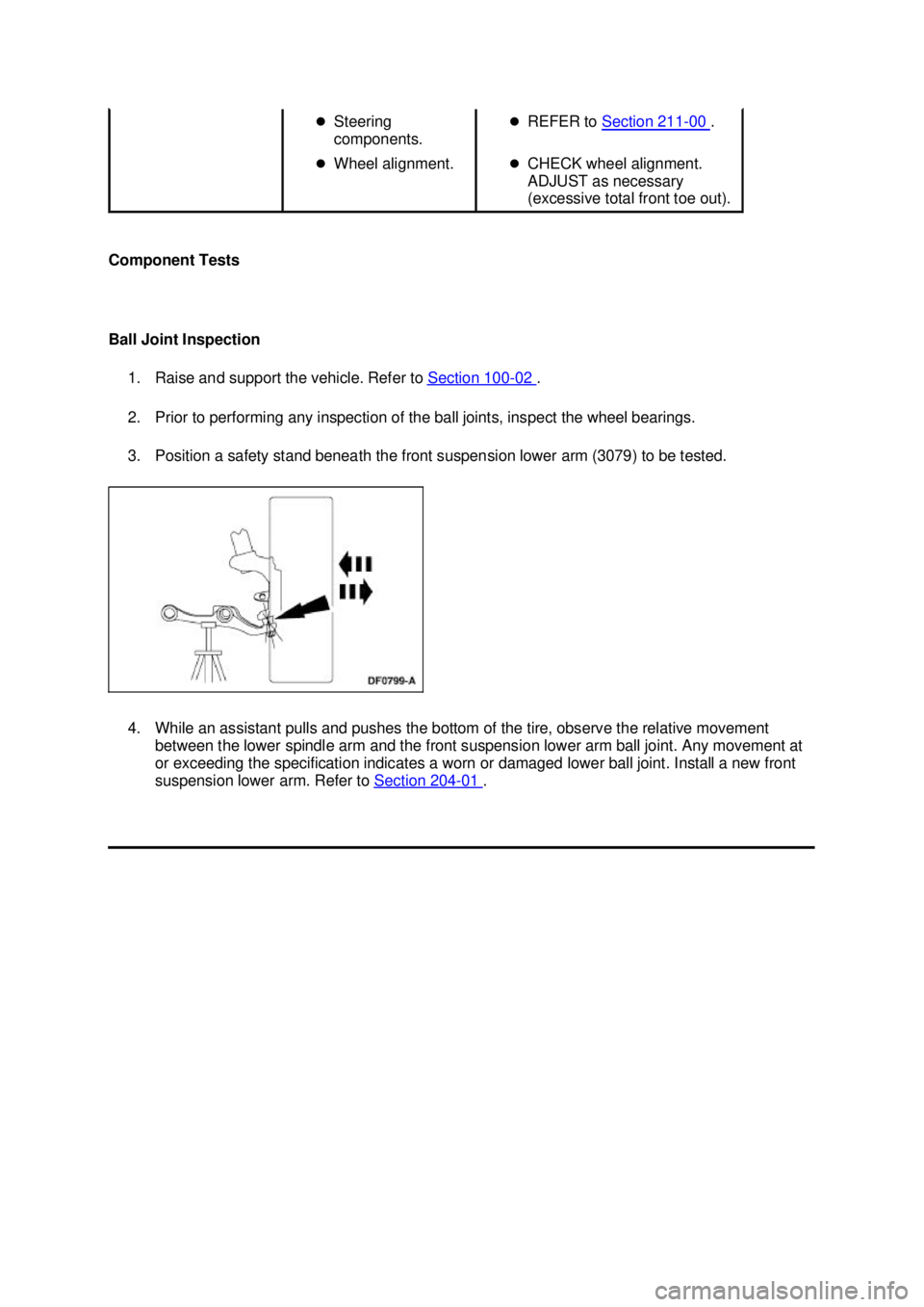 FORD MUSTANG 2003 Service Manual Component Tests 
Ball Joint Inspection 
1. Raise and support the vehicle. Refer to  Section 100 - 02  . 
2. Prior to performing any inspection of the ball joints, inspect the wheel bearings. 
3. Posit