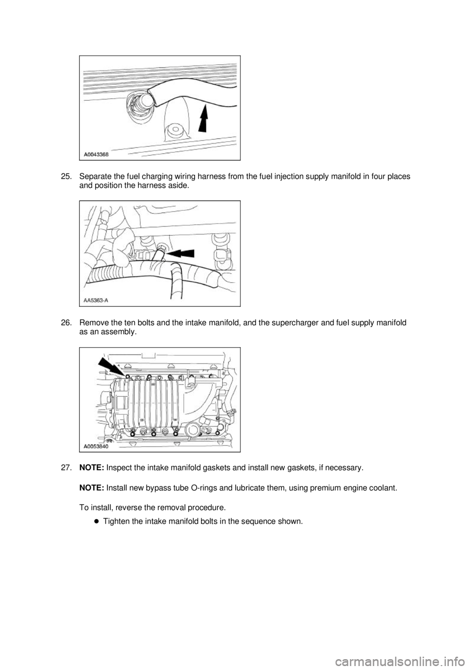 FORD MUSTANG 2003 Workshop Manual 25. Separate the fuel charging wiring harness from the fuel injection supply manifold in four places
and position the harness aside.
26. Remove the ten bolts and the intake manifold, and the superch FORD MUSTANG 2003 Workshop Manual 25. Separate the fuel charging wiring harness from the fuel injection supply manifold in four places
and position the harness aside.
26. Remove the ten bolts and the intake manifold, and the superch