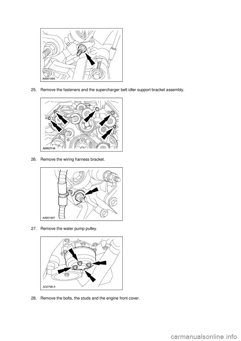 FORD MUSTANG 2003 Workshop Manual 25. Remove the fasteners and the supercharger belt idler support bracket assembly.
26. Remove the wiring harness bracket.
27. Remove the water pump pulley.
28. Remove the bolts, the studs and the e FORD MUSTANG 2003 Workshop Manual 25. Remove the fasteners and the supercharger belt idler support bracket assembly.
26. Remove the wiring harness bracket.
27. Remove the water pump pulley.
28. Remove the bolts, the studs and the e