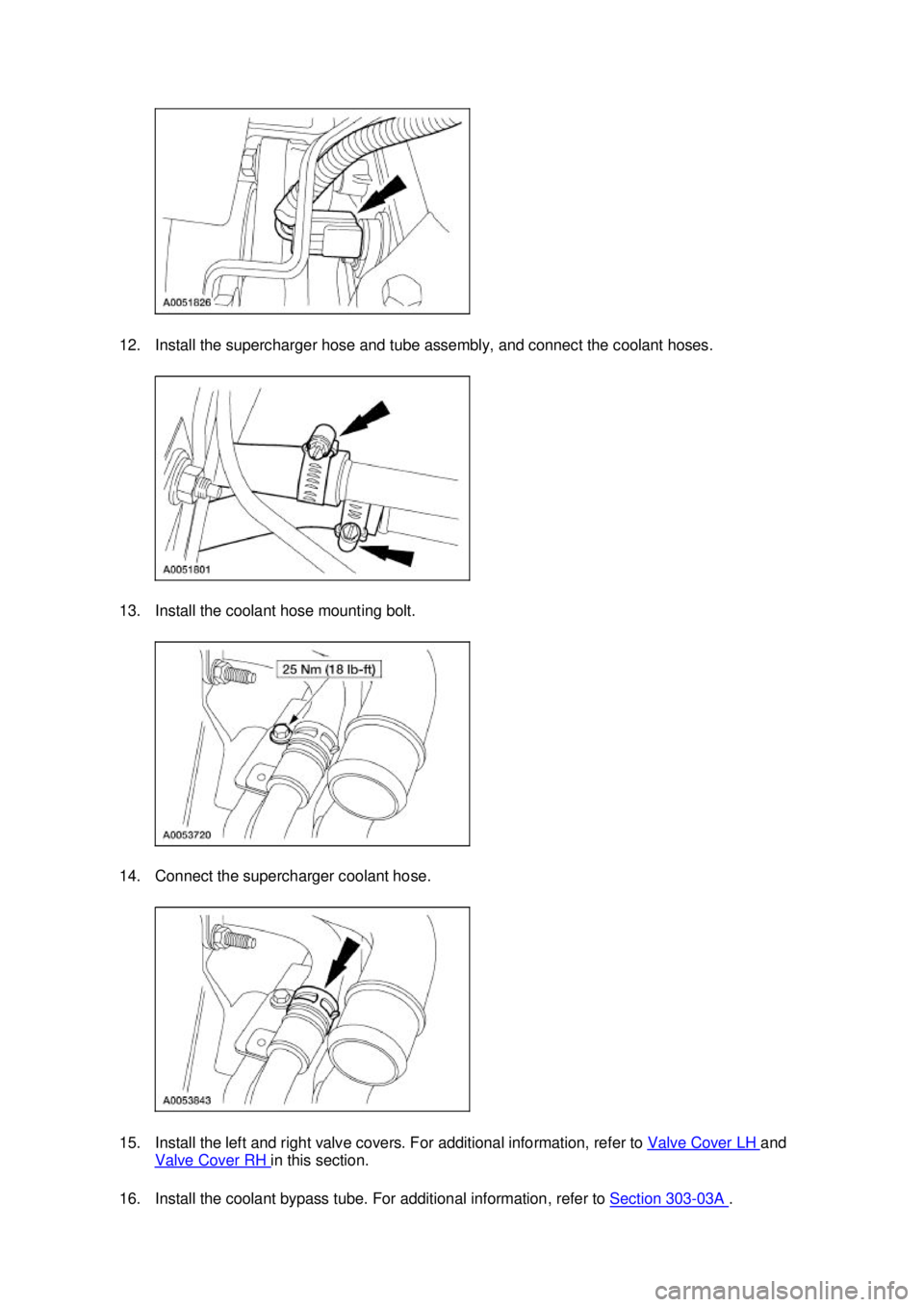 FORD MUSTANG 2003 Repair Manual 12. Install the supercharger hose and tube assembly, and connect the coolant hoses.
13. Install the coolant hose mounting bolt.
14. Connect the supercharger coolant hose.
15. Install the left and r FORD MUSTANG 2003 Repair Manual 12. Install the supercharger hose and tube assembly, and connect the coolant hoses.
13. Install the coolant hose mounting bolt.
14. Connect the supercharger coolant hose.
15. Install the left and r