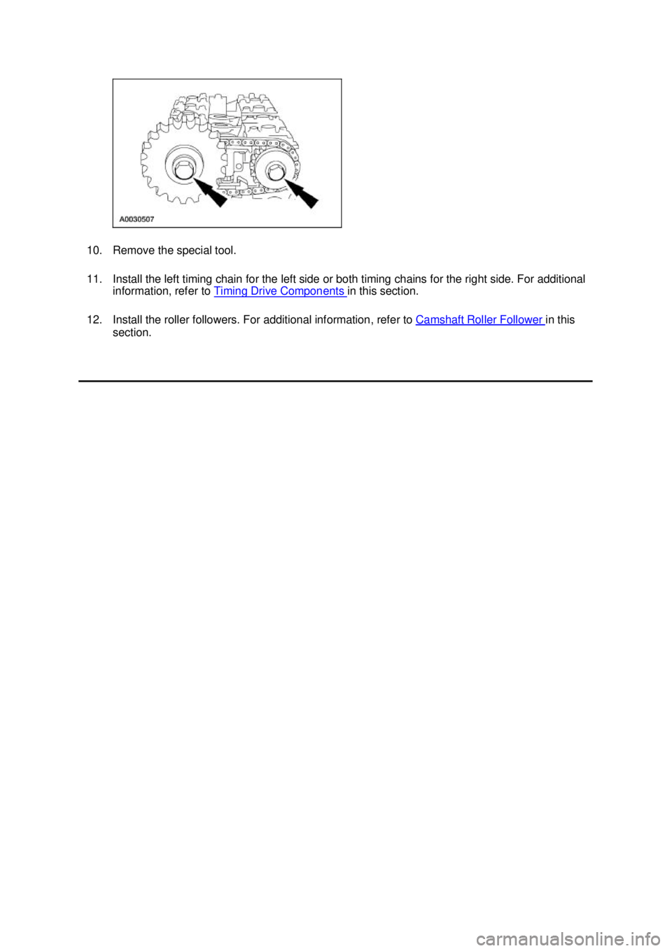 FORD MUSTANG 2003 Repair Manual 10. Remove the special tool. 
11. Install the left timing chain for the left side or both timing chains for the right side. For additional 
information, refer to  Timing Drive Components  in this sect