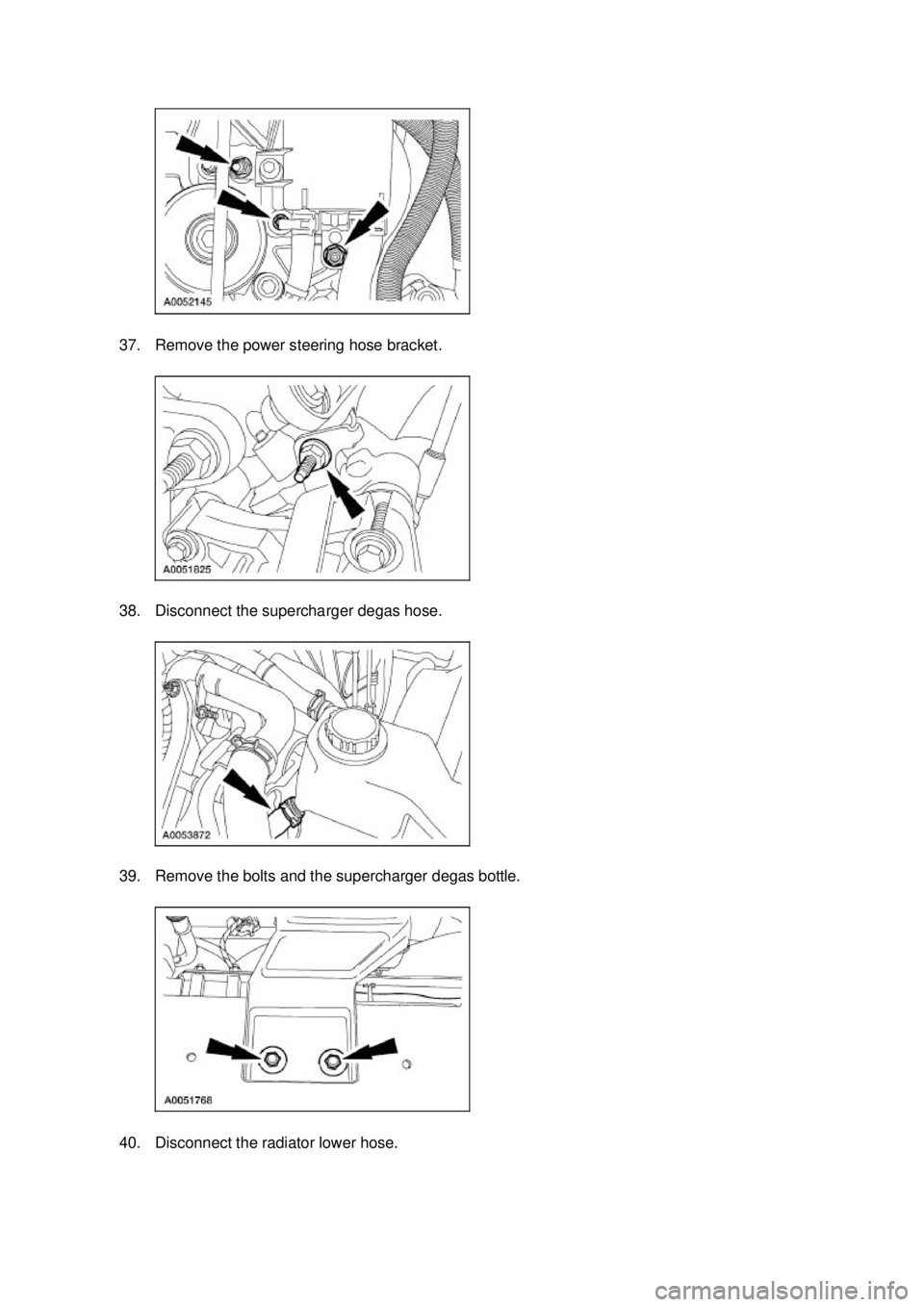 FORD MUSTANG 2003  Workshop Manual 37. Remove the power steering hose bracket. 
38. Disconnect the supercharger degas hose. 
39. Remove the bolts and the supercharger degas bottle. 
40. Disconnect the radiator lower hose.  Klj .  9 