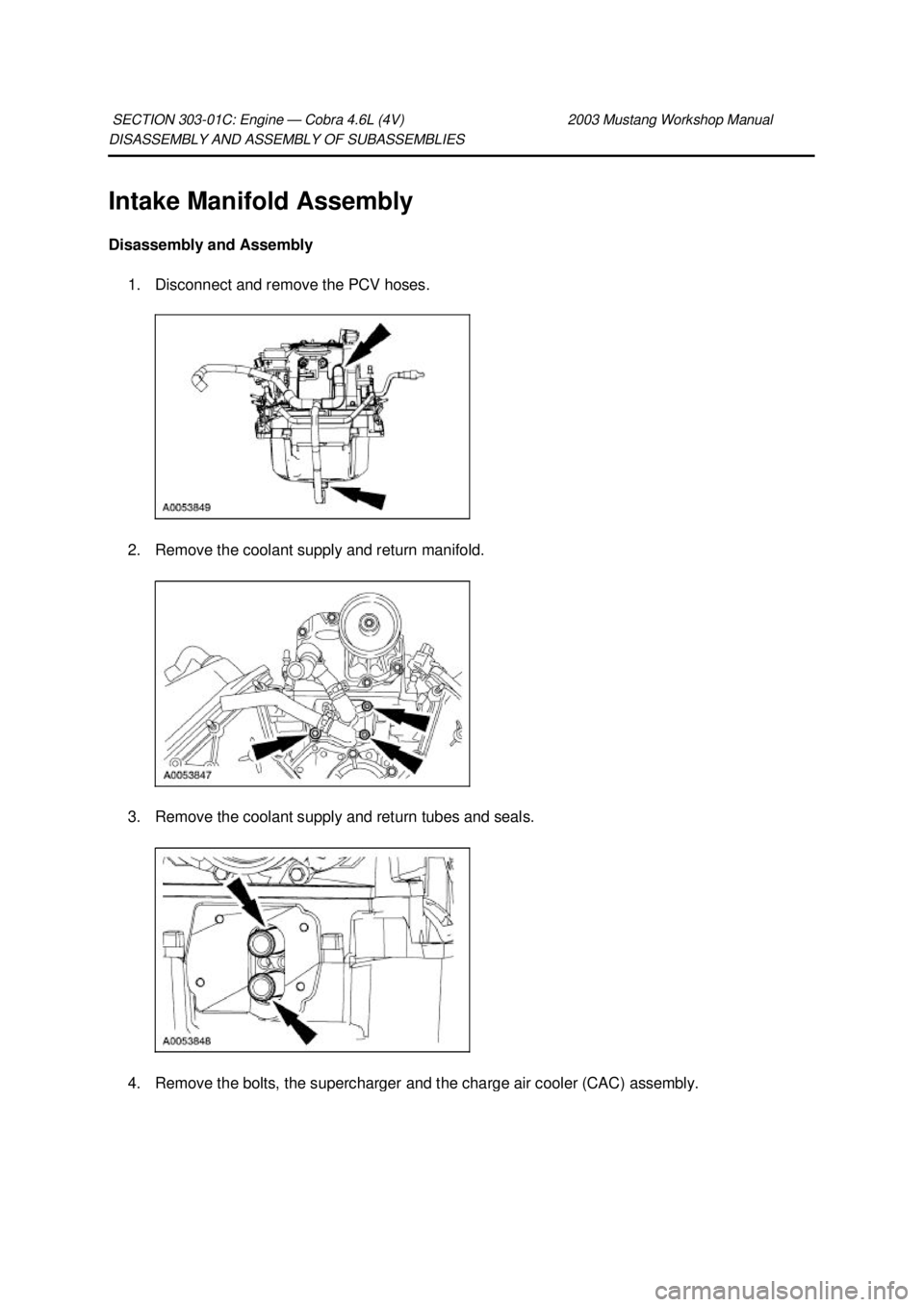 FORD MUSTANG 2003  Workshop Manual DISASSEMBLY AND ASSEMBLY OF SUBASSEMBLIES 
Intake Manifold Assembly 
Disassembly and Assembly 
1. Disconnect and remove the PCV hoses. 
2. Remove the coolant supply and return manifold. 
3. Remove the