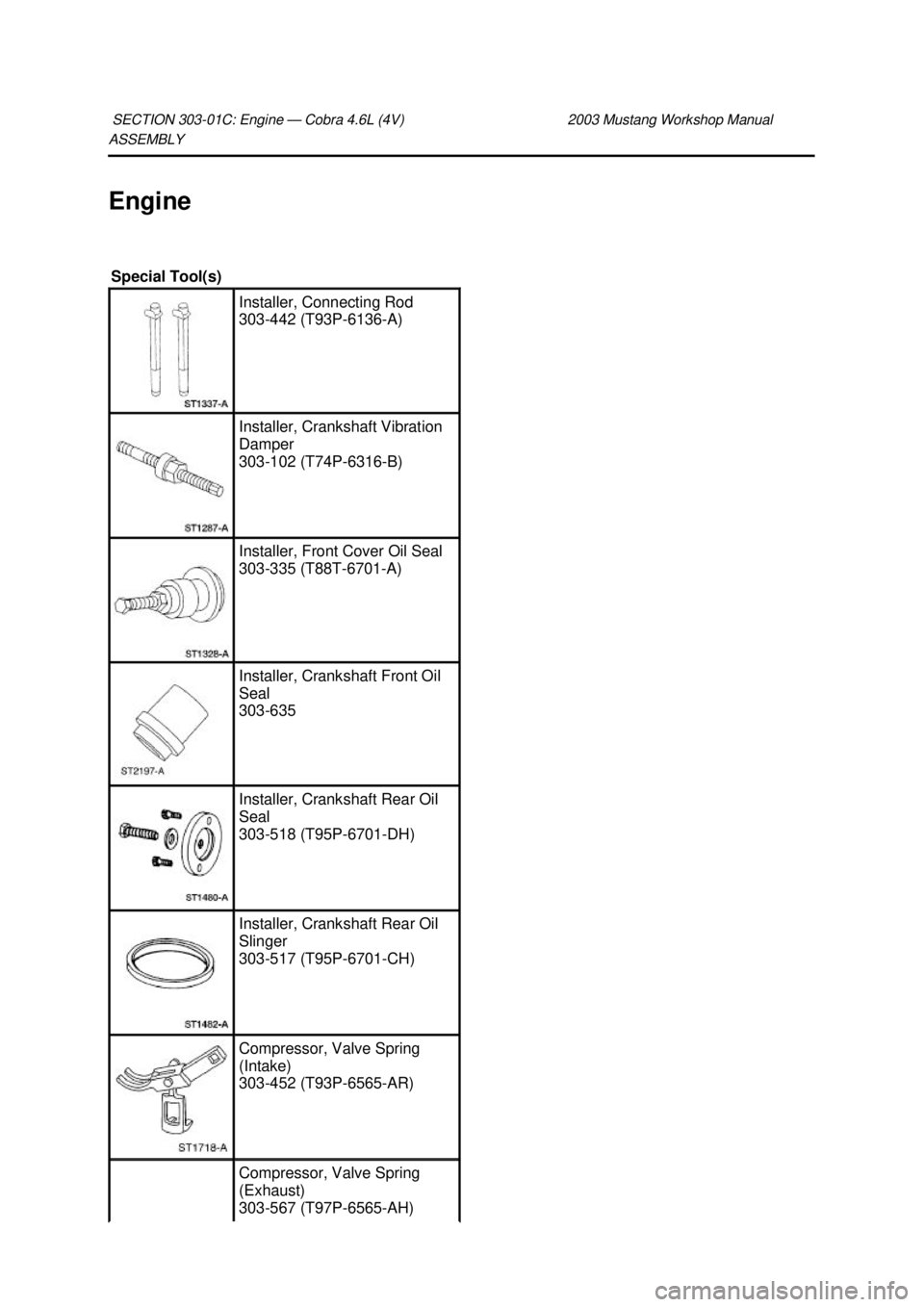 FORD MUSTANG 2003  Workshop Manual ASSEMBLY 
Engine 
SECTION 303-
01C: Engine — Cobra 4.6L (4V)  2003 Mustang Workshop Manual Special Tool(s) 
Installer, Connecting Rod 
303-
442 (T93P-6136- A)  Installer, Crankshaft Vibration 
Dampe