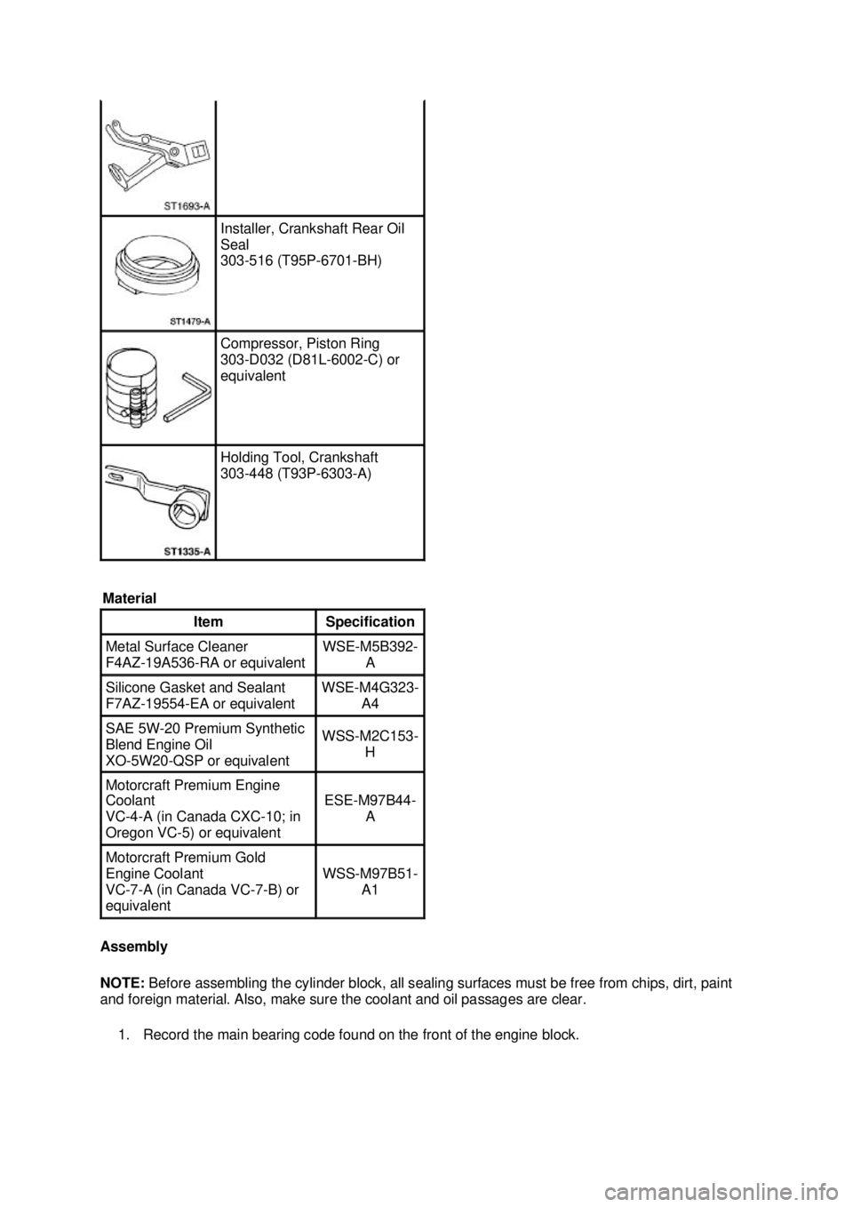 FORD MUSTANG 2003  Workshop Manual Assembly 
NOTE: 
Before assembling the cylinder block, all sealing surfaces must be free from chips, dirt, paint 
and foreign material. Also, make sure the coolant and oil passages are clear. 
1. Reco