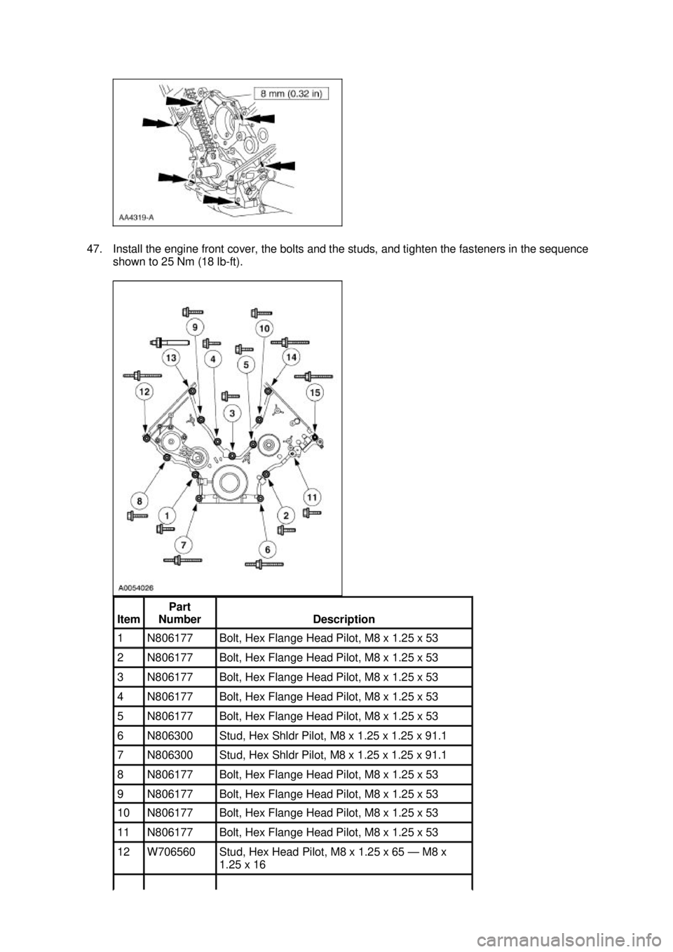 FORD MUSTANG 2003  Workshop Manual 47. Install the engine front cover, the bolts and the studs, and tighten the fasteners in the sequence 
shown to 25 Nm (18 lb- ft).  Item  Part 
Number  Description 
1  N806177  Bolt, Hex Flange Head 