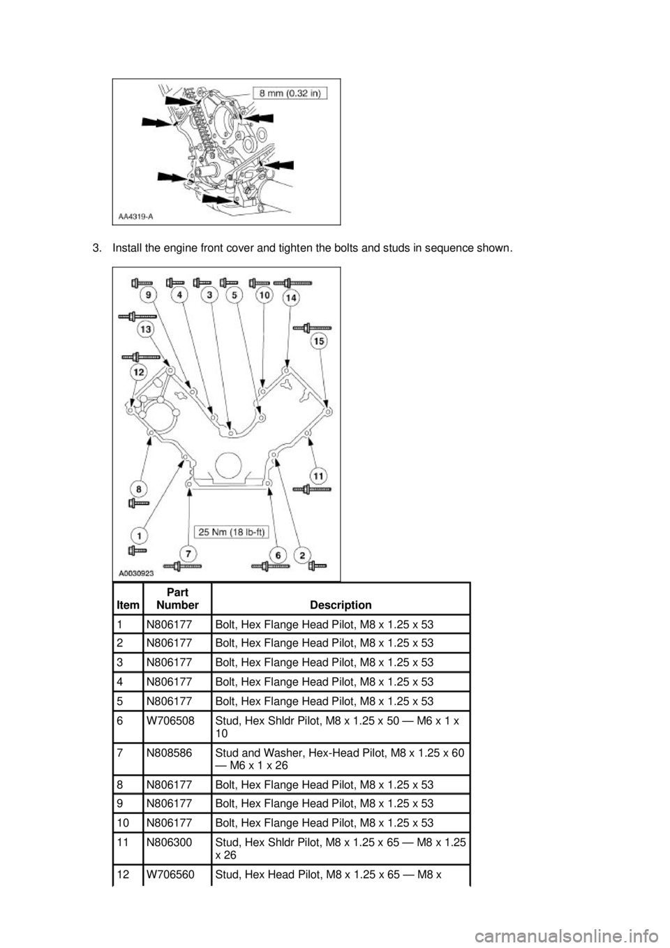 FORD MUSTANG 2003 Workshop Manual 3. Install the engine front cover and tighten the bolts and studs in sequence shown.
Item Part
Number Description
1 N806177 Bolt, Hex Flange Head Pilot, M8 x 1.25 x 53
2 N806177 Bolt, Hex Fl FORD MUSTANG 2003 Workshop Manual 3. Install the engine front cover and tighten the bolts and studs in sequence shown.
Item Part
Number Description
1 N806177 Bolt, Hex Flange Head Pilot, M8 x 1.25 x 53
2 N806177 Bolt, Hex Fl