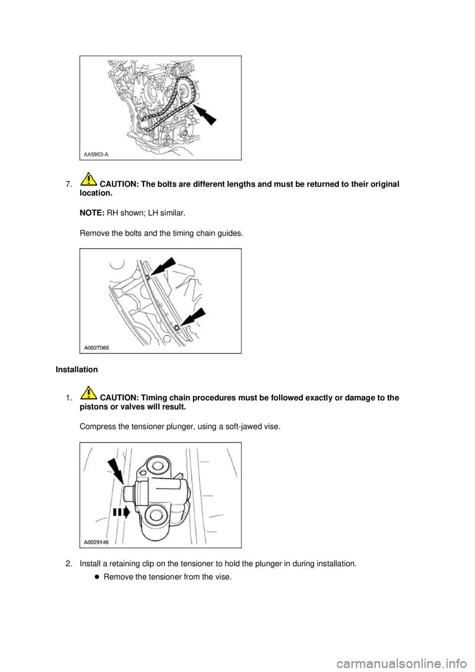FORD MUSTANG 2003 Manual Online 7.
 CAUTION: The bolts are different lengths and must be returned to their original 
location. 
NOTE:  RH shown; LH similar. 
Remove the bolts and the timing chain guides. 
Installation  1.  CAUTION: 