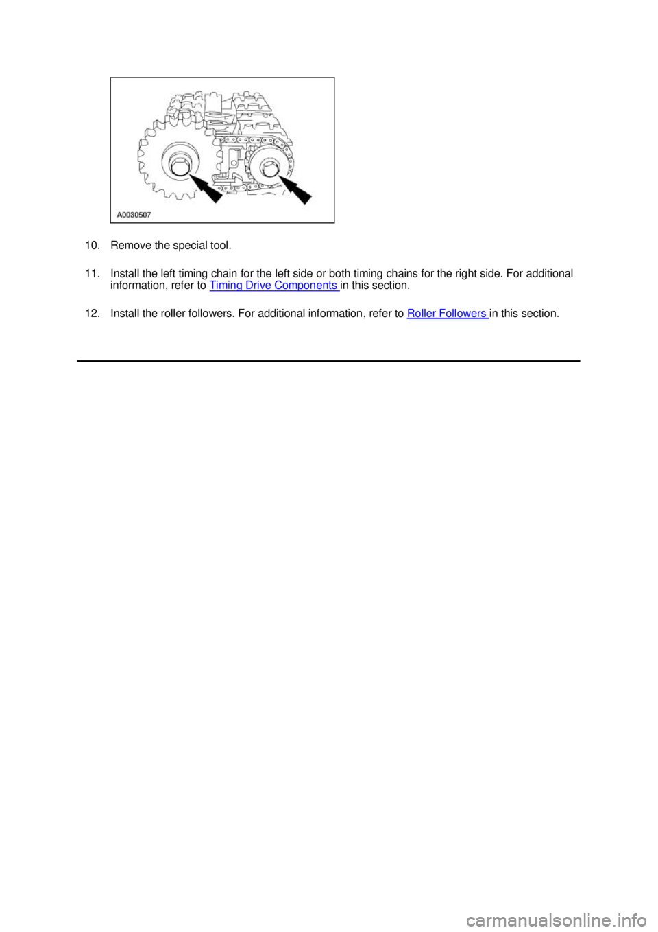 FORD MUSTANG 2003 Manual Online 10. Remove the special tool. 
11. Install the left timing chain for the left side or both timing chains for the right side. For additional 
information, refer to  Timing Drive Components  in this sect