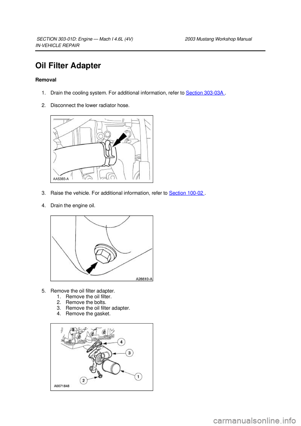 FORD MUSTANG 2003  Workshop Manual IN-
VEHICLE REPAIR 
Oil Filter Adapter 
Removal  1. Drain the cooling system. For additional information, refer to  Section 303 - 03A  . 
2. Disconnect the lower radiator hose. 
3. Raise the vehicle. 