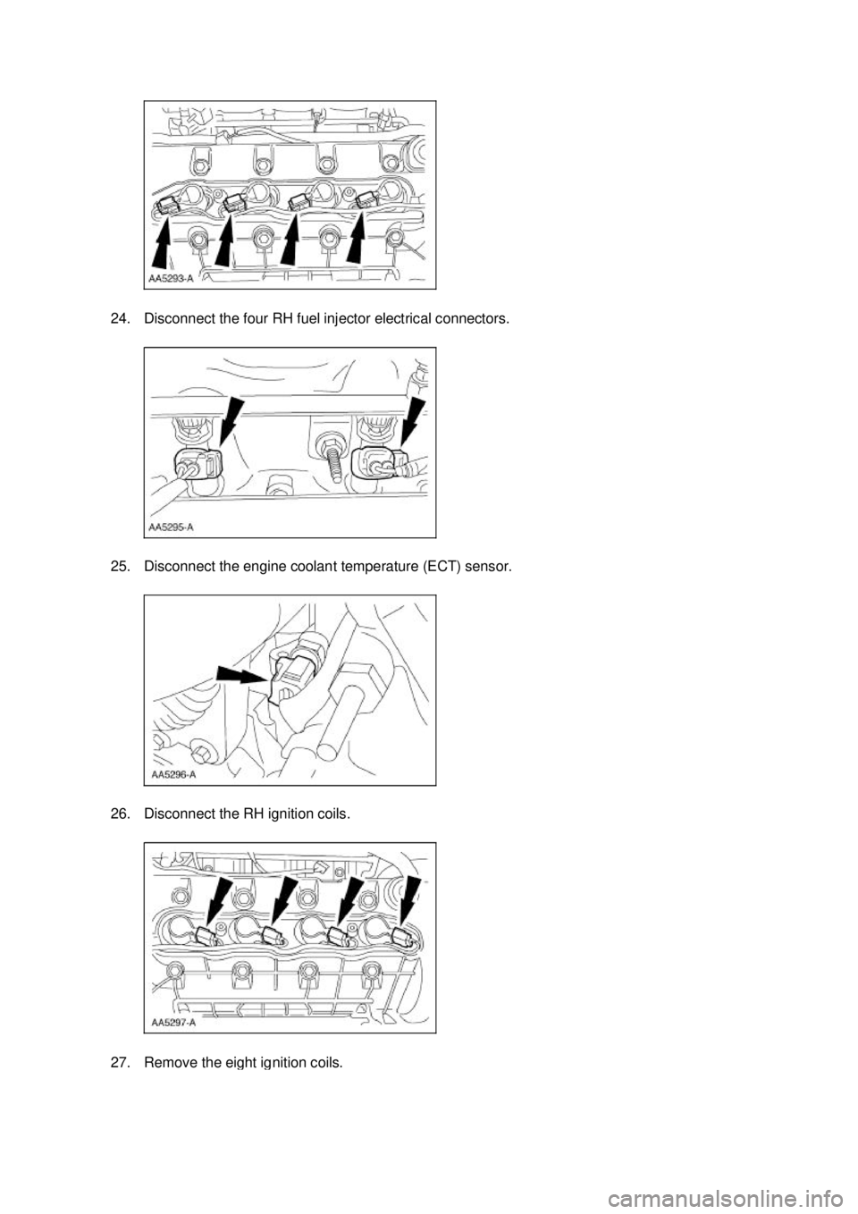 FORD MUSTANG 2003  Workshop Manual 24. Disconnect the four RH fuel injector electrical connectors. 
25. Disconnect the engine coolant temperature (ECT) sensor. 
26. Disconnect the RH ignition coils. 
27. Remove the eight ignition coils