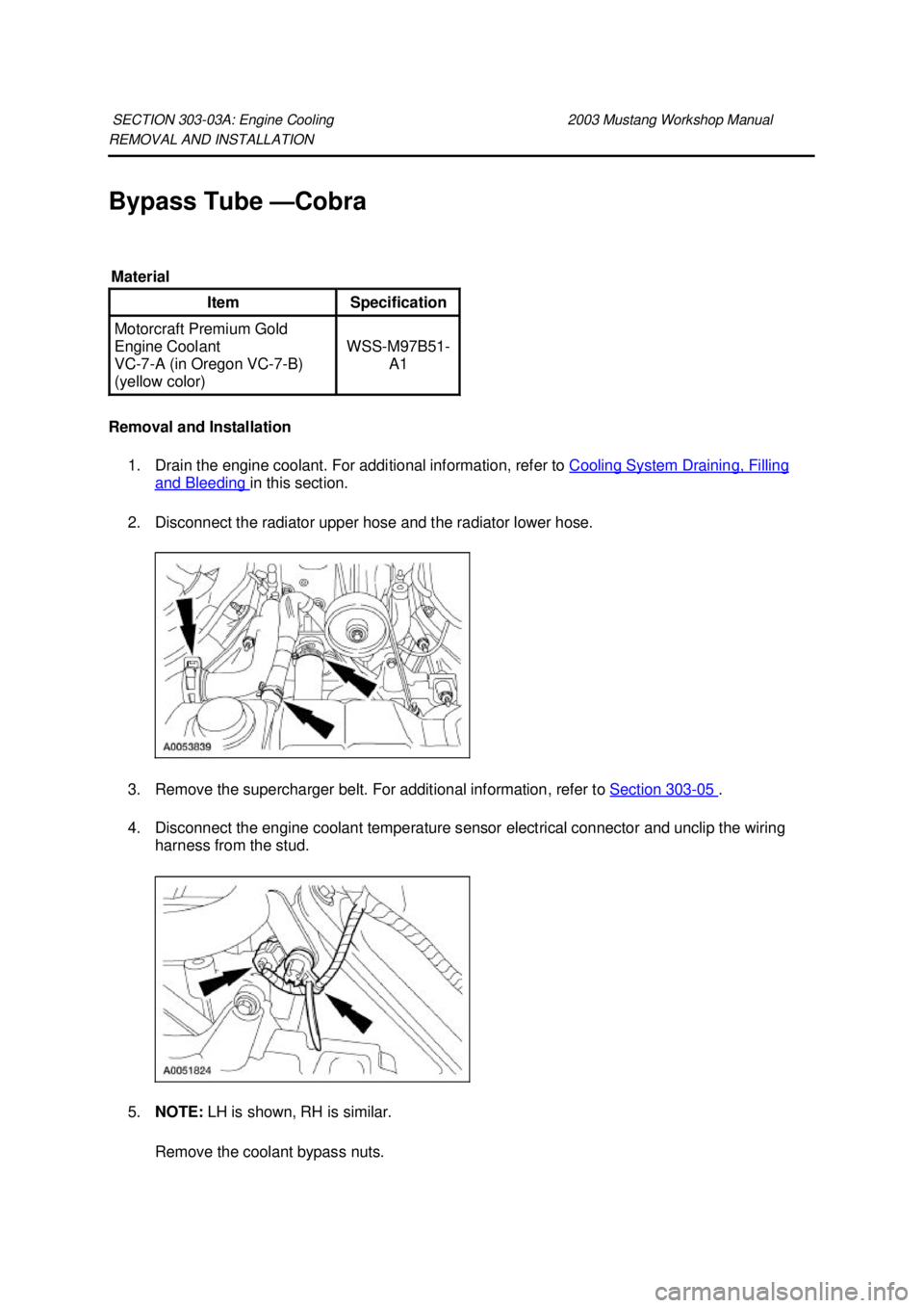 FORD MUSTANG 2003  Workshop Manual REMOVAL AND INSTALLATION 
Bypass Tube —
Cobra 
Removal and Installation  1. Drain the engine coolant. For additional information, refer to  Cooling System Draining, Filling and Bleeding  in this sec