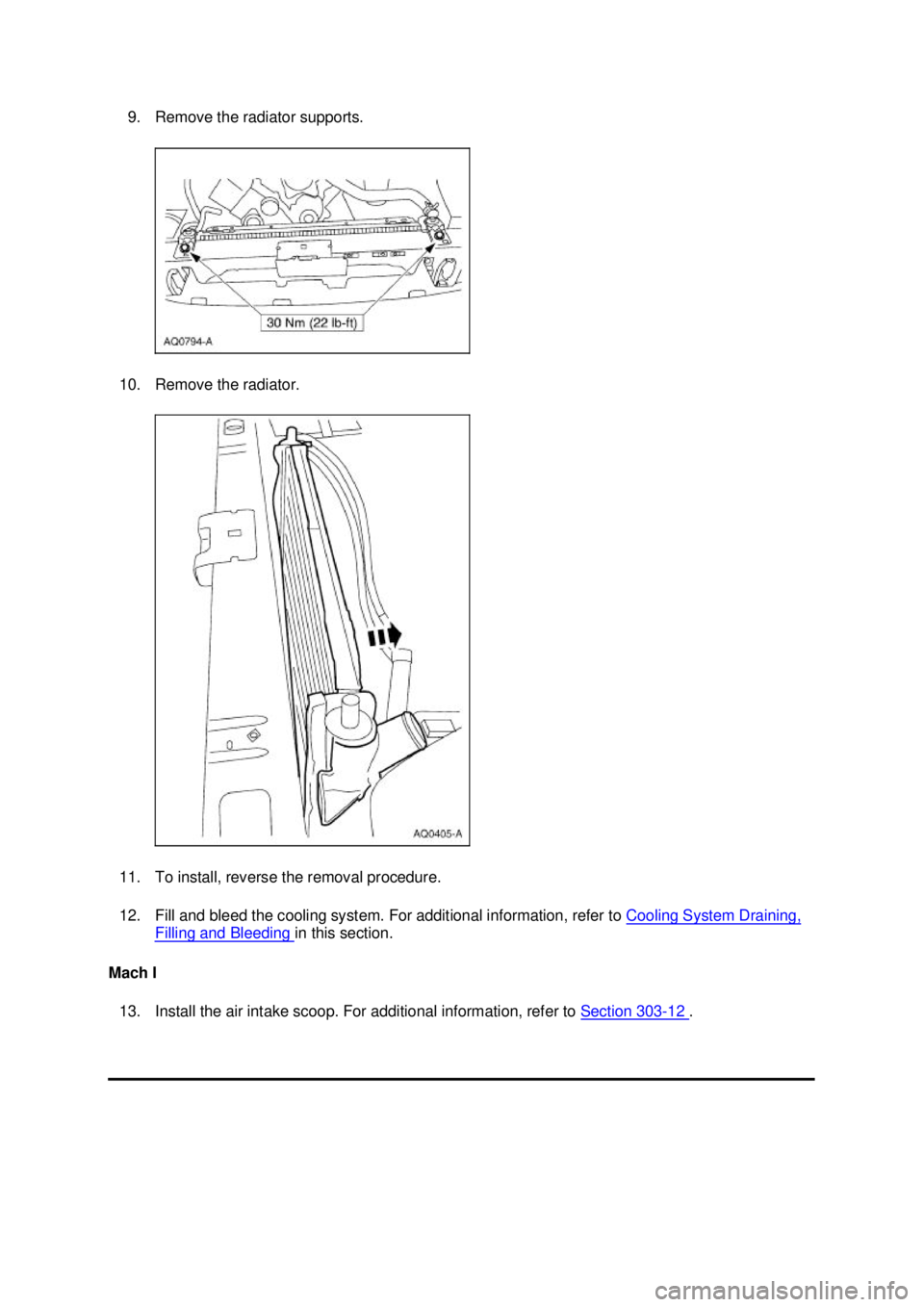 FORD MUSTANG 2003  Workshop Manual 9. Remove the radiator supports. 
10. Remove the radiator. 
11. To install, reverse the removal procedure. 
12. Fill and bleed the cooling system. For additional information, refer to  Cooling System 