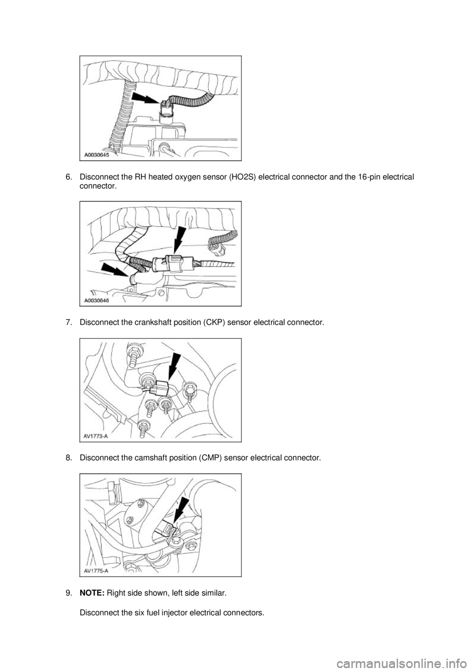FORD MUSTANG 2003  Workshop Manual 6. Disconnect the RH heated oxygen sensor (HO2S) electrical connector and the 16-
pin electrical 
connector. 
7. Disconnect the crankshaft position (CKP) sensor electrical connector. 
8. Disconnect th