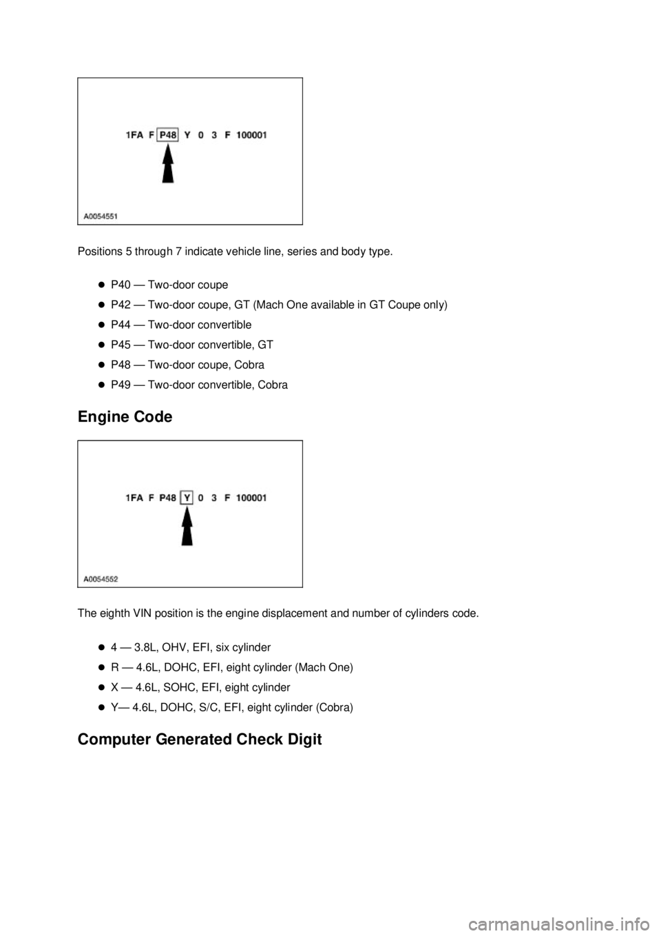 FORD MUSTANG 2003  Workshop Manual Positions 5 through 7 indicate vehicle line, series and body type. 
�zP40 — Two-door coupe 
�z P42 — Two-door coupe, GT (Mach One available in GT Coupe only) 
�z P44 — Two-door convertible 
�z P