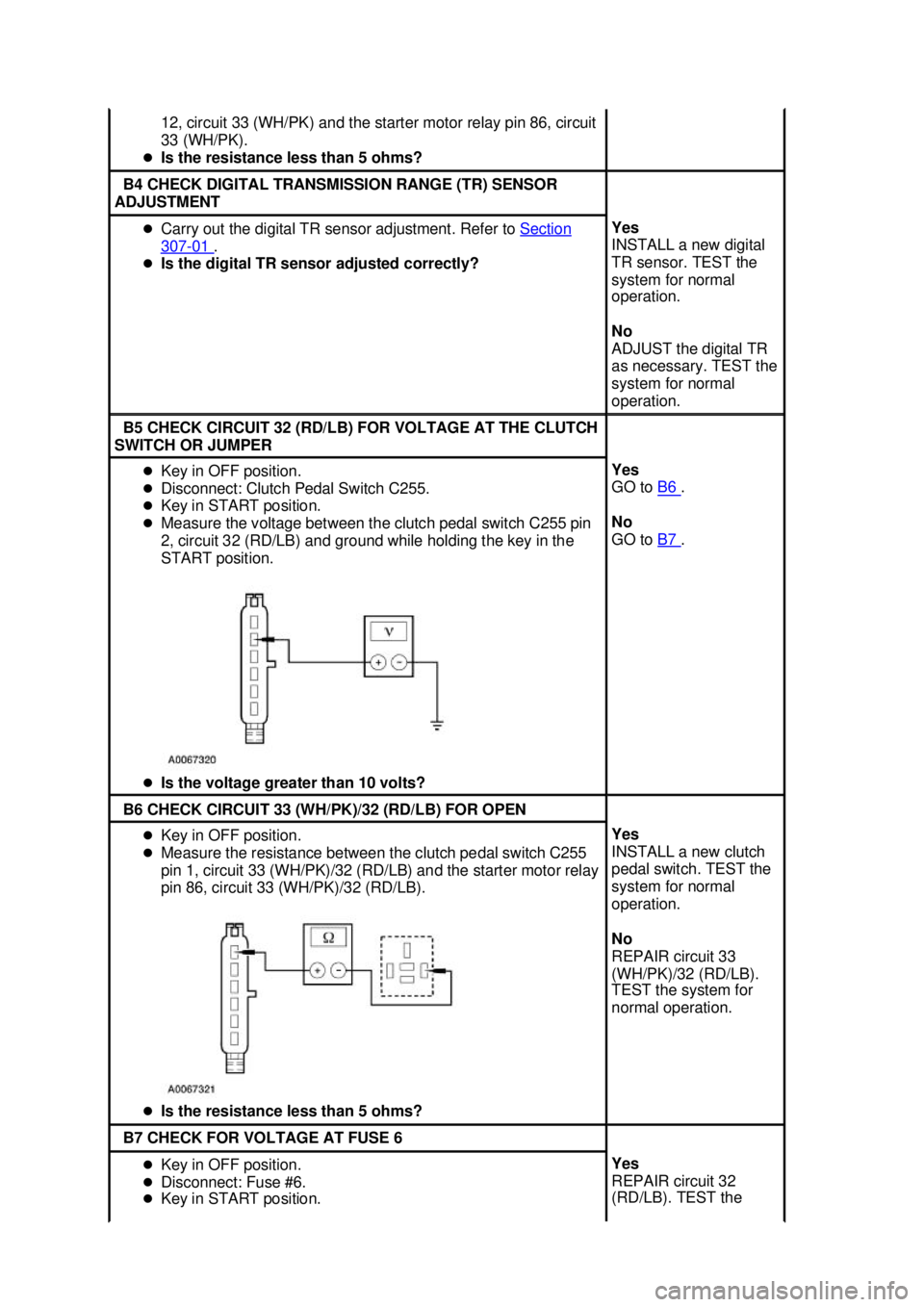 FORD MUSTANG 2003  Workshop Manual 12, circuit 33 (WH/PK) and the starter motor relay pin 86, circuit 
33 (WH/PK). 
�z Is the resistance less than 5 ohms?  B4 CHECK DIGITAL TRANSMISSION RANGE (TR) SENSOR 
ADJUSTMENT  �z
Carry out the d