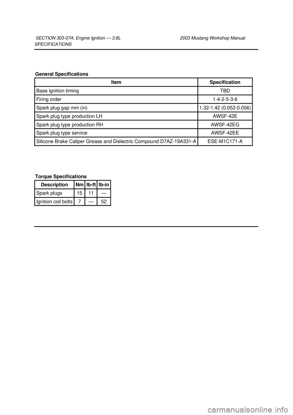 FORD MUSTANG 2003 Owners Manual SPECIFICATIONS
SECTION 303-
07A: Engine Ignition — 3.8L 2003 Mustang Workshop Manual General Specifications
Item Specification
Base ignition timing TBD
Firing order 1-4-2-5-3-
6 Spark plug FORD MUSTANG 2003 Owners Manual SPECIFICATIONS
SECTION 303-
07A: Engine Ignition — 3.8L 2003 Mustang Workshop Manual General Specifications
Item Specification
Base ignition timing TBD
Firing order 1-4-2-5-3-
6 Spark plug