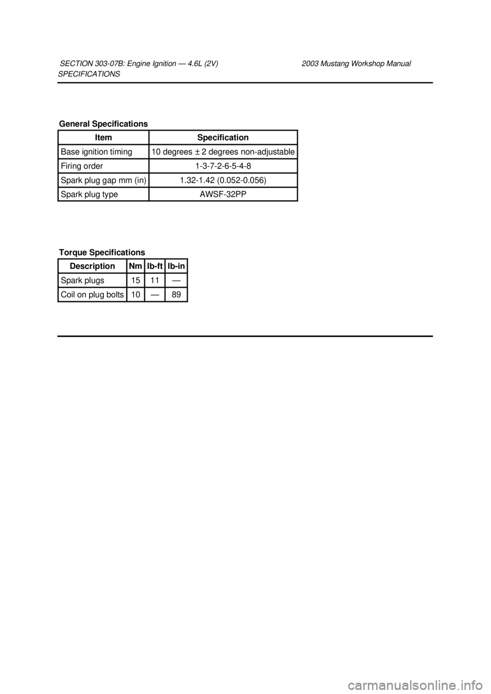 FORD MUSTANG 2003  Workshop Manual SPECIFICATIONS 
SECTION 303-
07B: Engine Ignition — 4.6L (2V)  2003 Mustang Workshop Manual General Specifications 
Item  Specification 
Base ignition timing  10 degrees ±
2 degrees non- adjustable