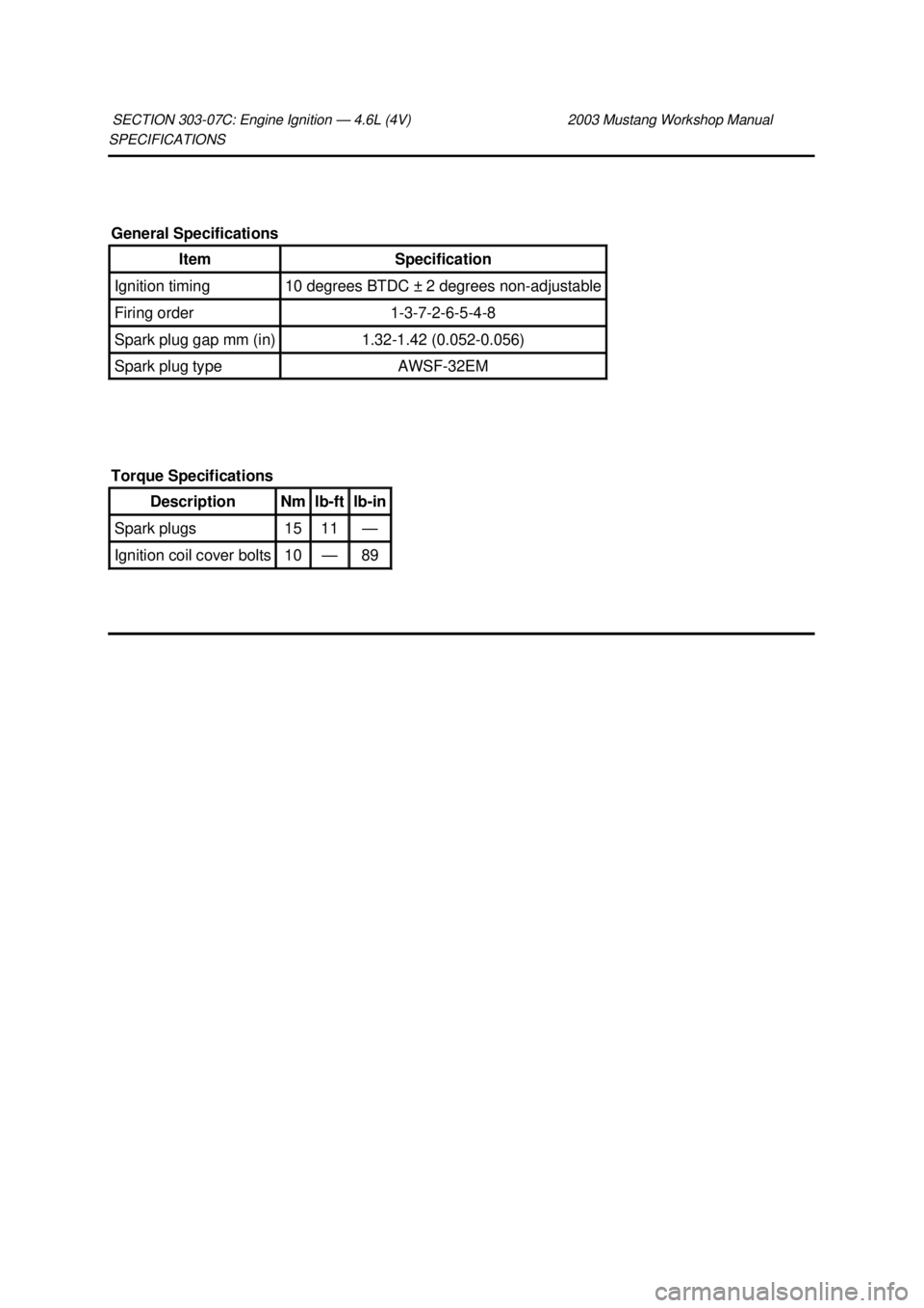 FORD MUSTANG 2003  Workshop Manual SPECIFICATIONS 
SECTION 303-
07C: Engine Ignition — 4.6L (4V)  2003 Mustang Workshop Manual General Specifications 
Item  Specification 
Ignition timing  10 degrees BTDC ±
2 degrees non-adjustable 