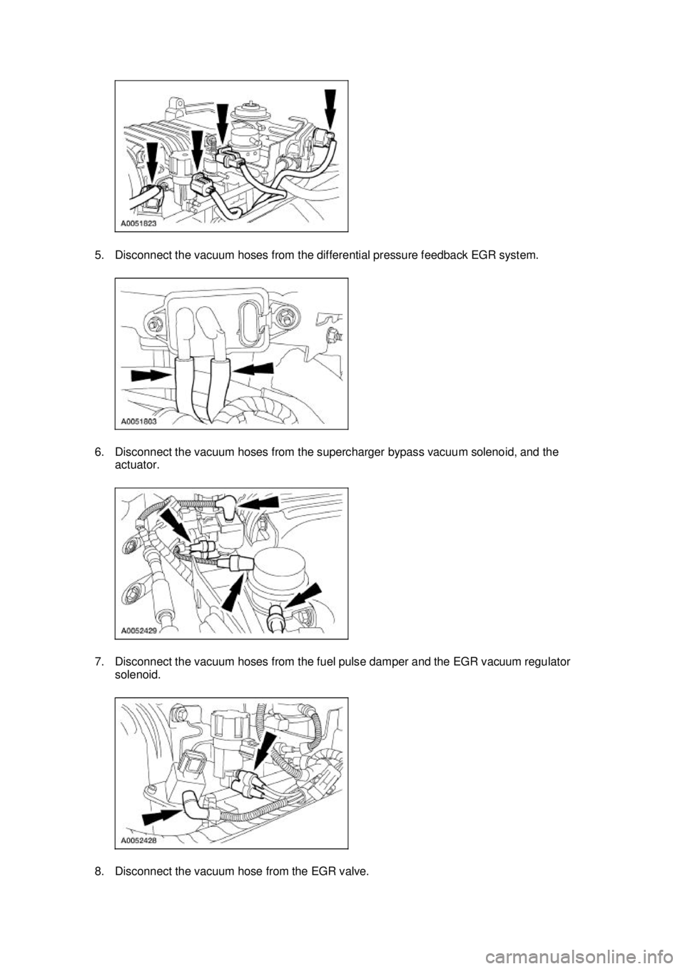 FORD MUSTANG 2003 Workshop Manual 5. Disconnect the vacuum hoses from the differential pressure feedback EGR system.
6. Disconnect the vacuum hoses from the supercharger bypass vacuum solenoid, and the
actuator.
7. Disconnect the v FORD MUSTANG 2003 Workshop Manual 5. Disconnect the vacuum hoses from the differential pressure feedback EGR system.
6. Disconnect the vacuum hoses from the supercharger bypass vacuum solenoid, and the
actuator.
7. Disconnect the v