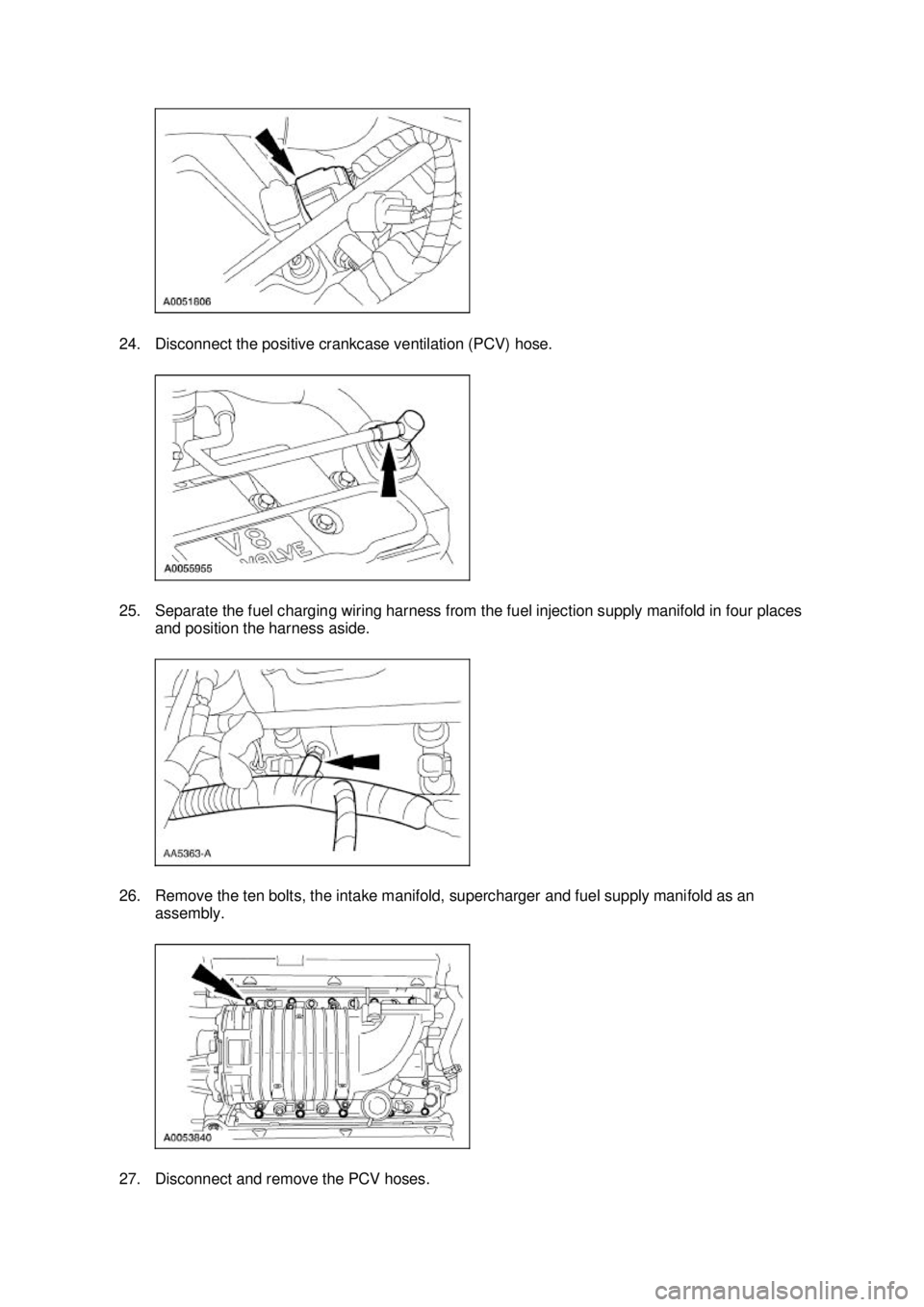 FORD MUSTANG 2003 Service Manual 24. Disconnect the positive crankcase ventilation (PCV) hose. 
25. Separate the fuel charging wiring harness from the fuel injection supply manifold in four places 
and position the harness aside. 
26