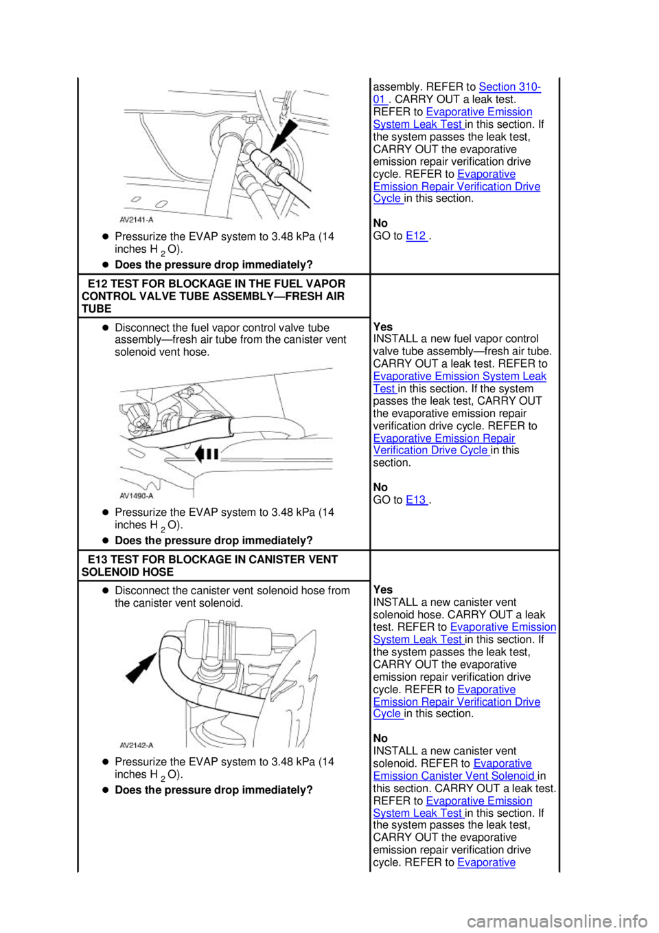 FORD MUSTANG 2003  Workshop Manual �z
Pressurize the EVAP system to 3.48 kPa (14 
inches H 
2 O). 
�z Does the pressure drop immediately?  assembly. REFER to 
Section 310 -
01  . CARRY OUT a leak test. 
REFER to  Evaporative Emission  