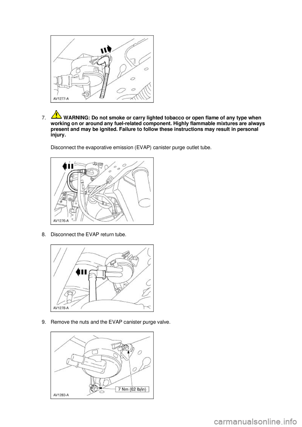 FORD MUSTANG 2003 Owners Manual 7.
WARNING: Do not smoke or carry lighted tobacco or open flame of any type when
working on or around any fuel- related component. Highly flammable mixtures are always
present and may be ignited. F FORD MUSTANG 2003 Owners Manual 7.
WARNING: Do not smoke or carry lighted tobacco or open flame of any type when
working on or around any fuel- related component. Highly flammable mixtures are always
present and may be ignited. F