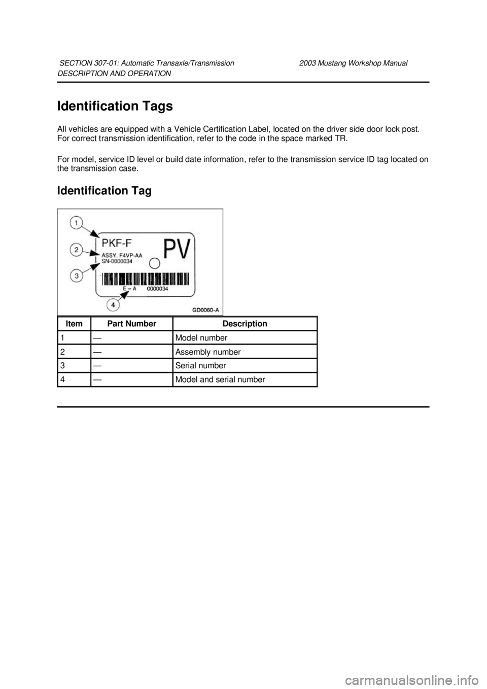 FORD MUSTANG 2003 Manual Online DESCRIPTION AND OPERATION 
Identification Tags 
All vehicles are equipped with a Vehicle Certification Label, located on the driver side door lock post. 
For correct transmission identification, refer