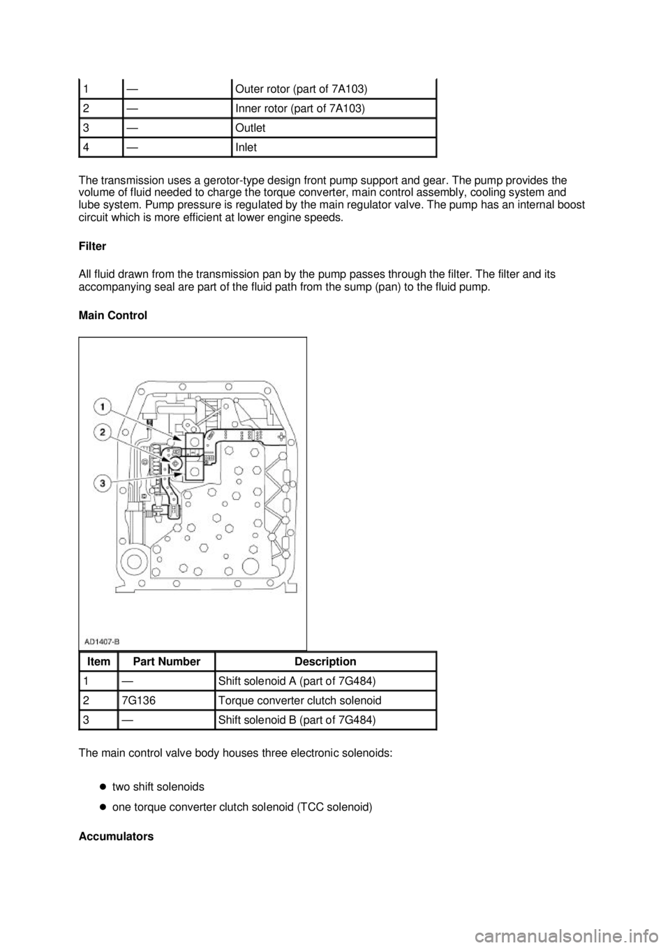 FORD MUSTANG 2003  Workshop Manual The transmission uses a gerotor-
type design front pump support and gear. The pump provides the 
volume of fluid needed to charge the torque converter, main control assembly, cooling system and 
lube 