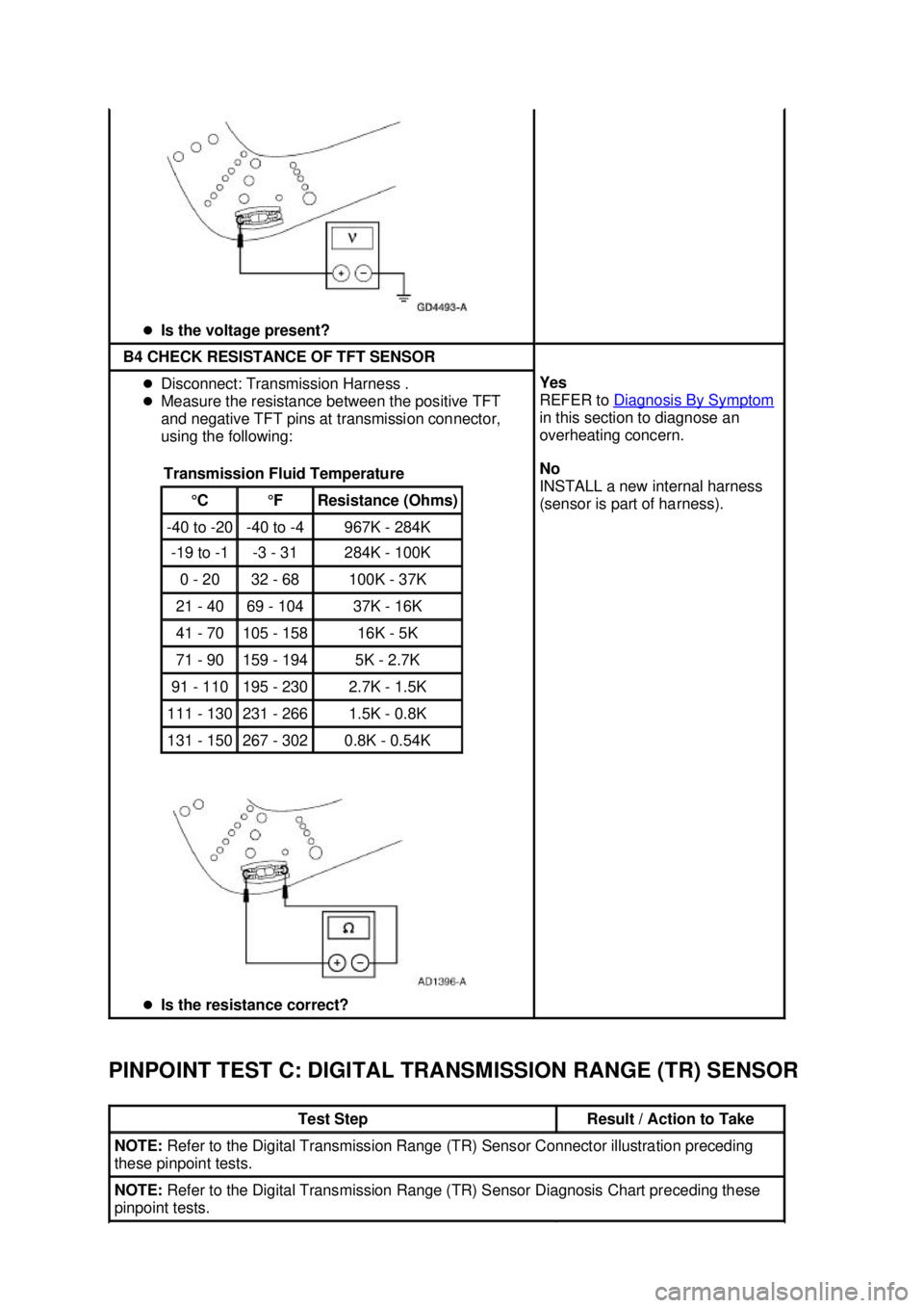 FORD MUSTANG 2003  Workshop Manual PINPOINT TEST C: DIGITAL TRANSMISSION RANGE (TR) SENSOR  �z
Is the voltage present?  B4 CHECK RESISTANCE OF TFT SENSOR 
�z
Disconnect: Transmission Harness . 
�z Measure the resistance between the pos
