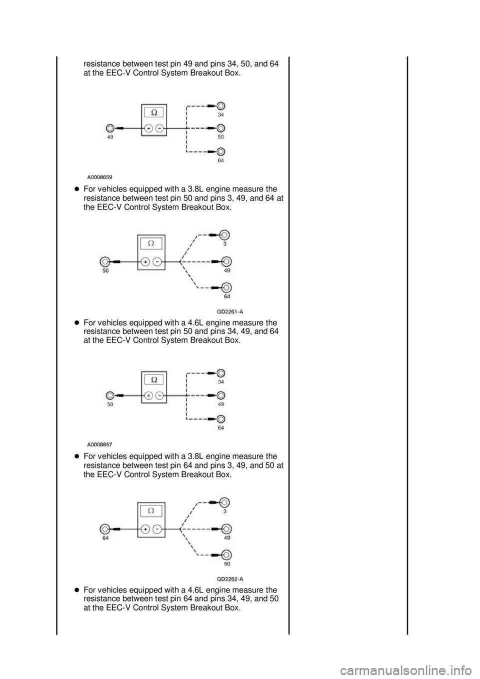 FORD MUSTANG 2003  Workshop Manual resistance between test pin 49 and pins 34, 50, and 64 
at the EEC-
V Control System Breakout Box. 
�z For vehicles equipped with a 3.8L engine measure the 
resistance between test pin 50 and pins 3, 