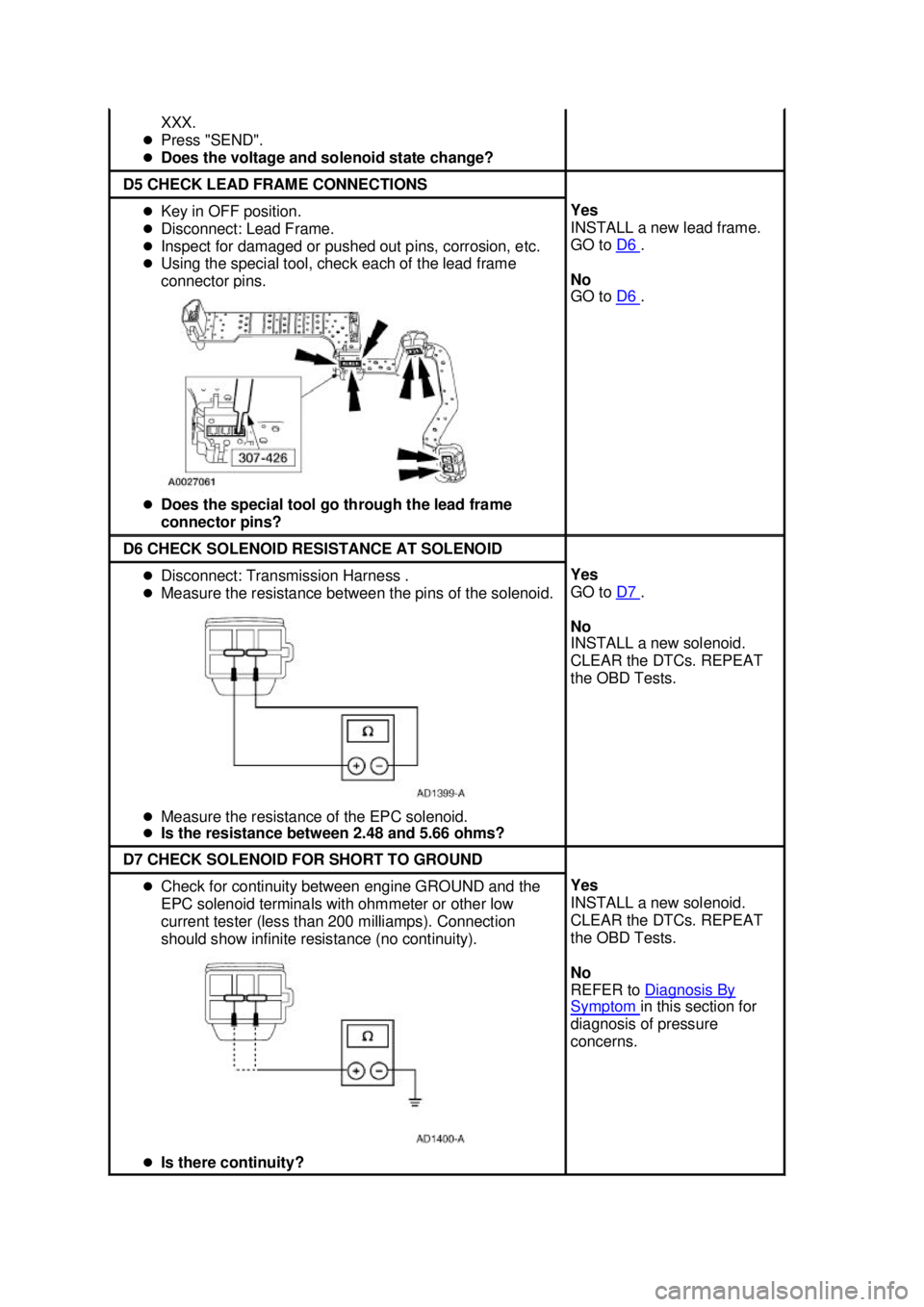 FORD MUSTANG 2003  Workshop Manual XXX. 
�z Press "SEND". 
�z Does the voltage and solenoid state change?  D5 CHECK LEAD FRAME CONNECTIONS 
�z
Key in OFF position. 
�z Disconnect: Lead Frame. 
�z Inspect for damaged or pushed out pins,