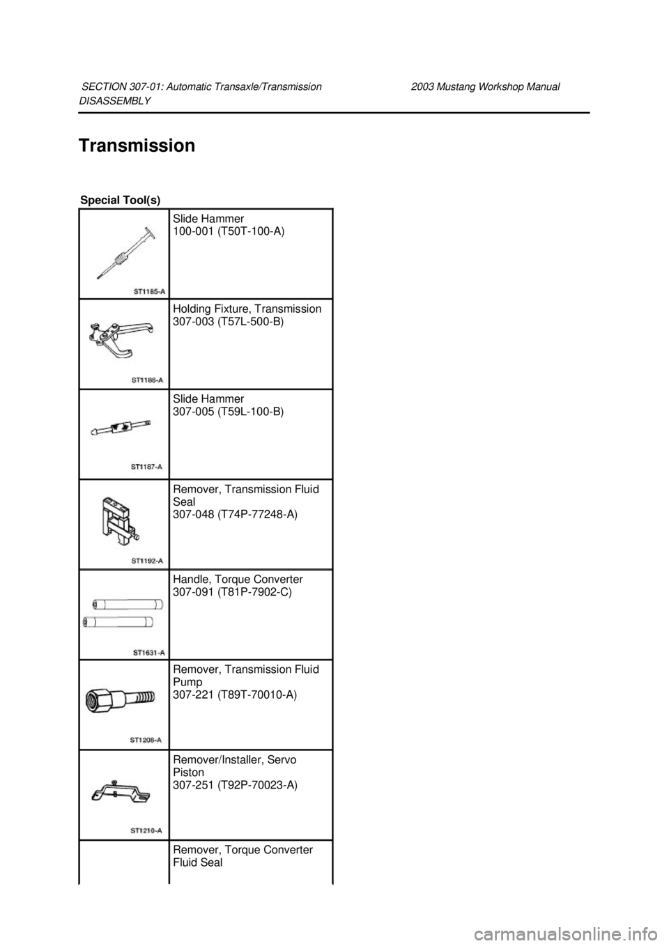 FORD MUSTANG 2003 Workshop Manual DISASSEMBLY
Transmission
SECTION 307-
01: Automatic Transaxle/Transmission 2003 Mustang Workshop Manual Special Tool(s)
Slide Hammer
100-
001 (T50T-100- A) Holding Fixture, Transmission
307-
00 FORD MUSTANG 2003 Workshop Manual DISASSEMBLY
Transmission
SECTION 307-
01: Automatic Transaxle/Transmission 2003 Mustang Workshop Manual Special Tool(s)
Slide Hammer
100-
001 (T50T-100- A) Holding Fixture, Transmission
307-
00
