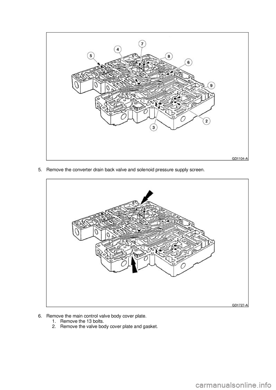 FORD MUSTANG 2003 Repair Manual 5. Remove the converter drain back valve and solenoid pressure supply screen. 
6. Remove the main control valve body cover plate. 
1. Remove the 13 bolts. 
2. Remove the valve body cover plate and gas