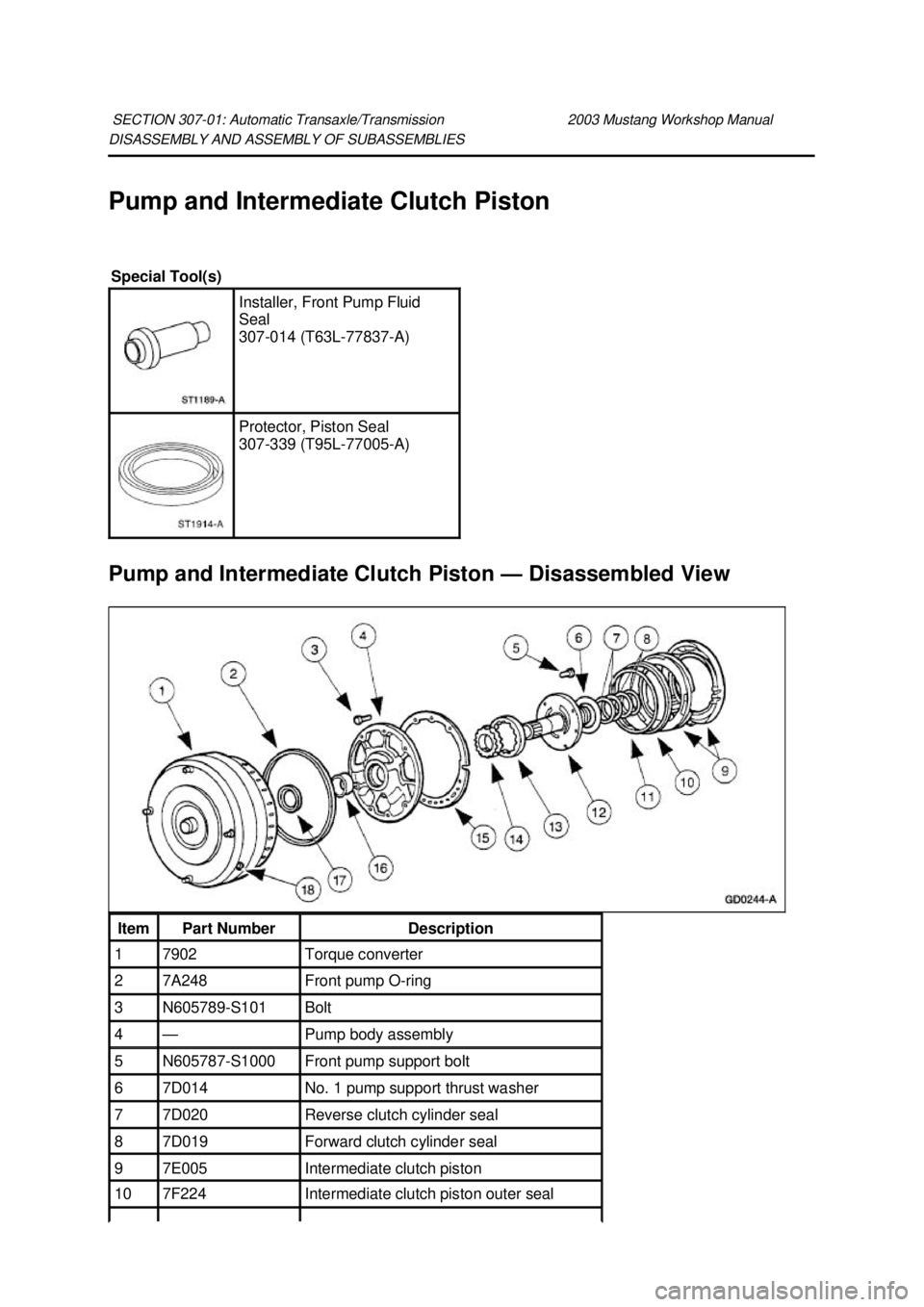 FORD MUSTANG 2003  Workshop Manual DISASSEMBLY AND ASSEMBLY OF SUBASSEMBLIES 
Pump and Intermediate Clutch Piston 
Pump and Intermediate Clutch Piston —
Disassembled View 
SECTION 307-
01: Automatic Transaxle/Transmission  2003 Musta
