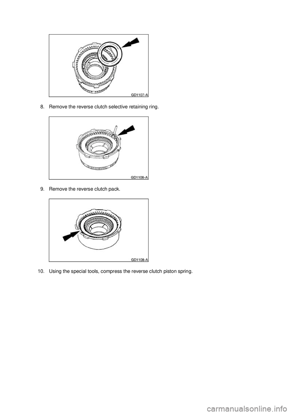 FORD MUSTANG 2003  Workshop Manual 8. Remove the reverse clutch selective retaining ring. 
9. Remove the reverse clutch pack. 
10. Using the special tools, compress the reverse clutch piston spring.  Klj .  3 ba
  92003 Mustang Wo