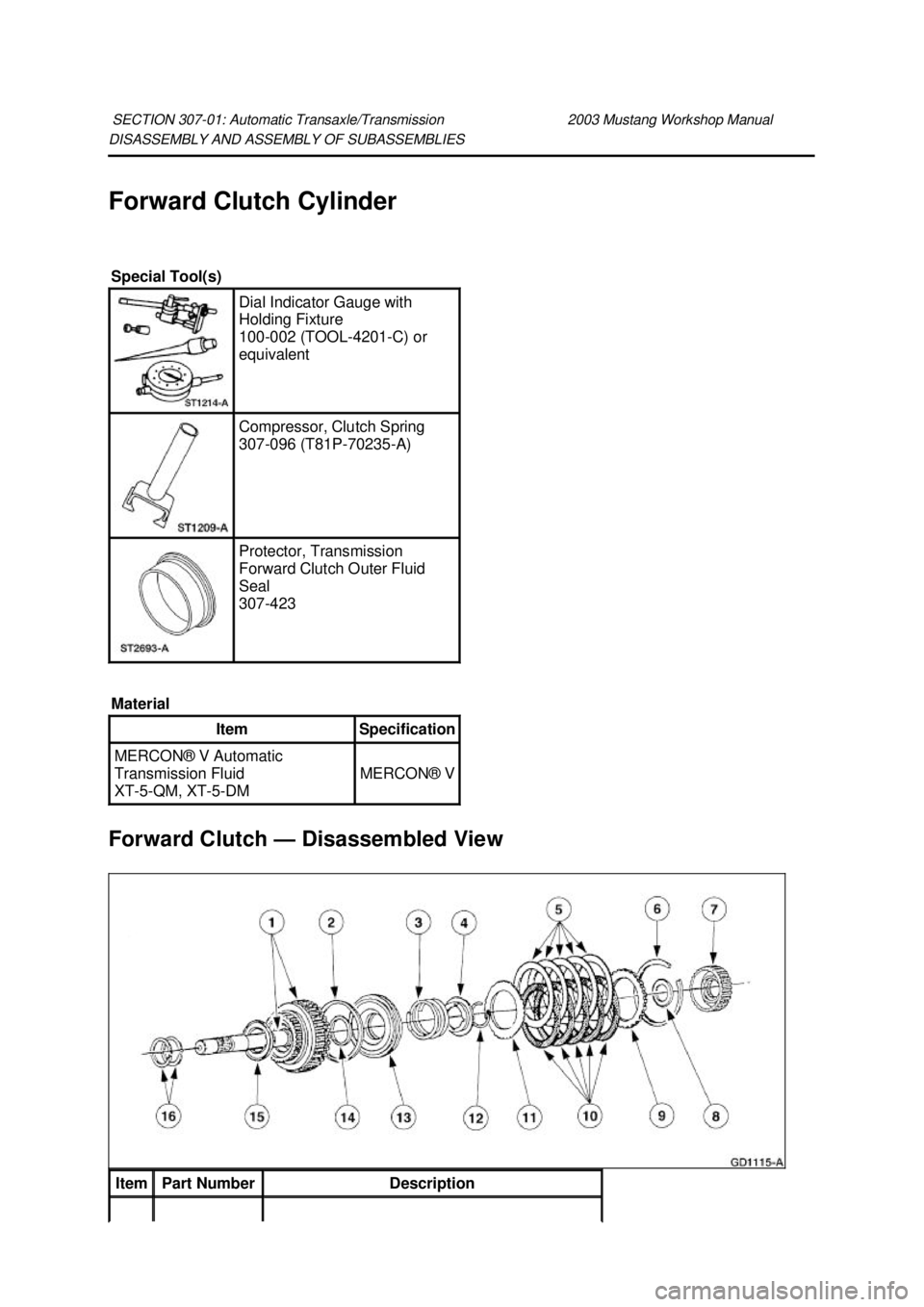 FORD MUSTANG 2003 Owners Guide DISASSEMBLY AND ASSEMBLY OF SUBASSEMBLIES
Forward Clutch Cylinder
Forward Clutch —
Disassembled View
SECTION 307-
01: Automatic Transaxle/Transmission 2003 Mustang Workshop Manual Special Tool(s FORD MUSTANG 2003 Owners Guide DISASSEMBLY AND ASSEMBLY OF SUBASSEMBLIES
Forward Clutch Cylinder
Forward Clutch —
Disassembled View
SECTION 307-
01: Automatic Transaxle/Transmission 2003 Mustang Workshop Manual Special Tool(s