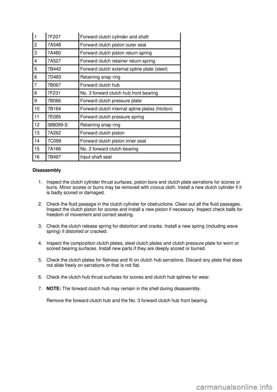 FORD MUSTANG 2003  Workshop Manual Disassembly 
1. Inspect the clutch cylinder thrust surfaces, piston bore and clutch plate serrations for scores or  burrs. Minor scores or burrs may be removed with crocus cloth. Install a new clutch 