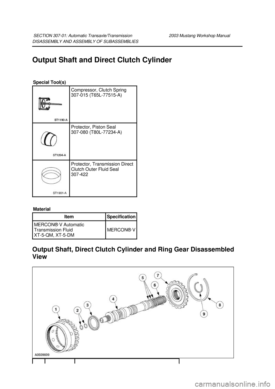 FORD MUSTANG 2003 Owners Guide DISASSEMBLY AND ASSEMBLY OF SUBASSEMBLIES
Output Shaft and Direct Clutch Cylinder
Output Shaft, Direct Clutch Cylinder and Ring Gear Disassembled
View
SECTION 307-
01: Automatic Transaxle/Transmis FORD MUSTANG 2003 Owners Guide DISASSEMBLY AND ASSEMBLY OF SUBASSEMBLIES
Output Shaft and Direct Clutch Cylinder
Output Shaft, Direct Clutch Cylinder and Ring Gear Disassembled
View
SECTION 307-
01: Automatic Transaxle/Transmis