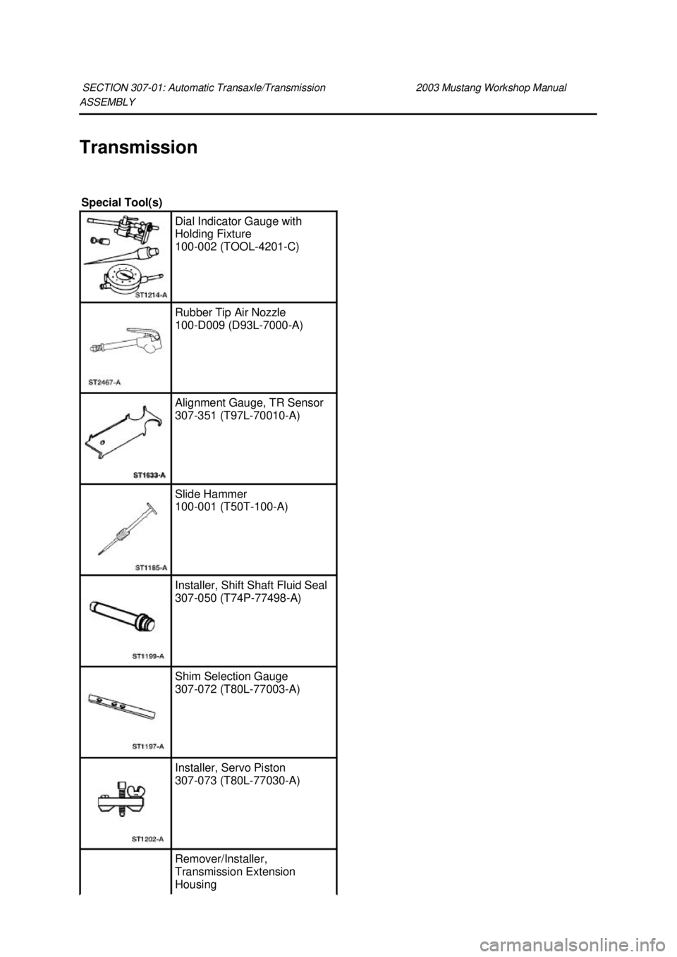 FORD MUSTANG 2003  Workshop Manual ASSEMBLY 
Transmission 
SECTION 307-
01: Automatic Transaxle/Transmission  2003 Mustang Workshop Manual Special Tool(s) 
Dial Indicator Gauge with 
Holding Fixture 
100-
002 (TOOL- 4201-C)  Rubber Tip
