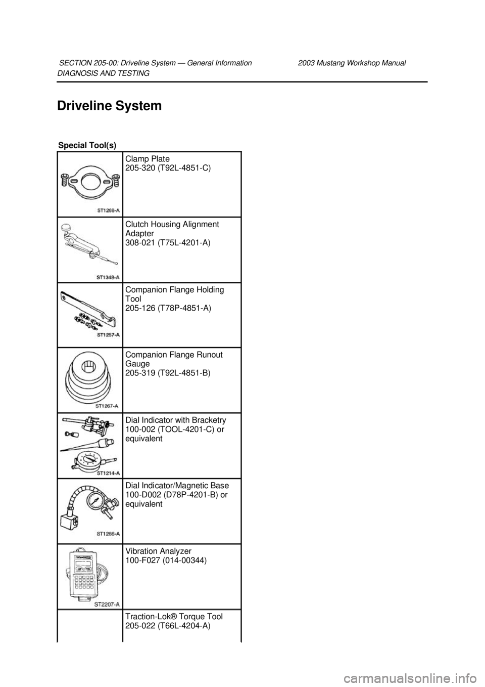 FORD MUSTANG 2003 Service Manual DIAGNOSIS AND TESTING 
Driveline System 
SECTION 205-
00: Driveline System — General Information  2003 Mustang Workshop Manual Special Tool(s) 
Clamp Plate 
205-
320 (T92L-4851- C)  Clutch Housing A