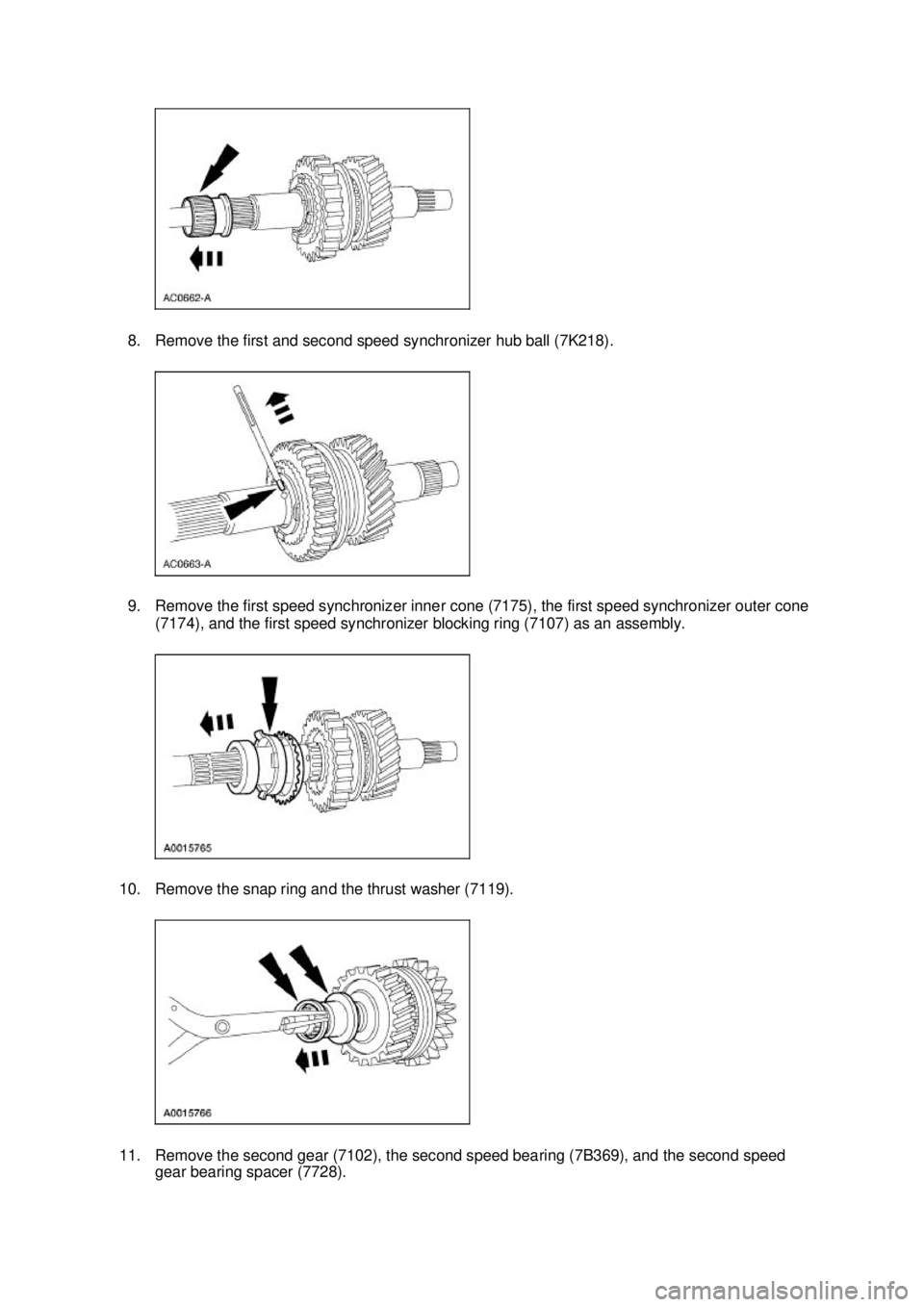 FORD MUSTANG 2003  Workshop Manual 8. Remove the first and second speed synchronizer hub ball (7K218). 
9. Remove the first speed synchronizer inner cone (7175), the first speed synchronizer outer cone 
(7174), and the first speed sync