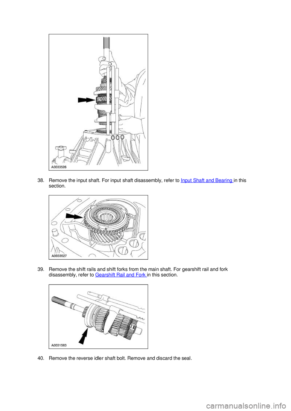 FORD MUSTANG 2003  Workshop Manual 38. Remove the input shaft. For input shaft disassembly, refer to 
Input Shaft and Bearing  in this 
section. 
39. Remove the shift rails and shift forks from the main shaft. For gearshift rail and fo