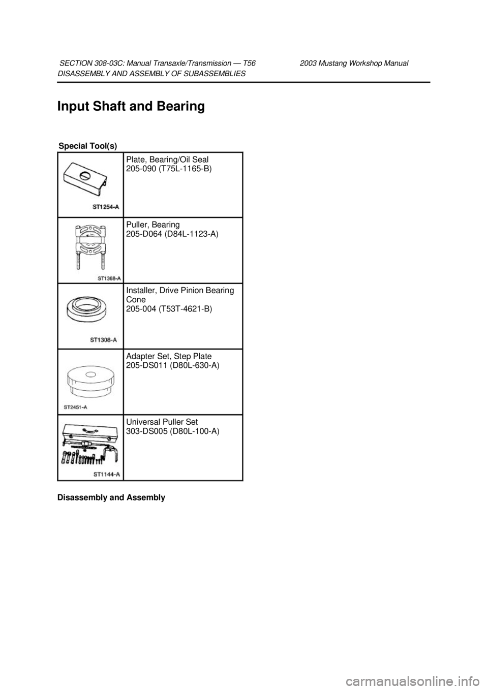 FORD MUSTANG 2003  Workshop Manual DISASSEMBLY AND ASSEMBLY OF SUBASSEMBLIES 
Input Shaft and Bearing 
Disassembly and Assembly 
SECTION 308-
03C: Manual Transaxle/Transmission — T56 2003 Mustang Workshop Manual  Special Tool(s) 
Pla