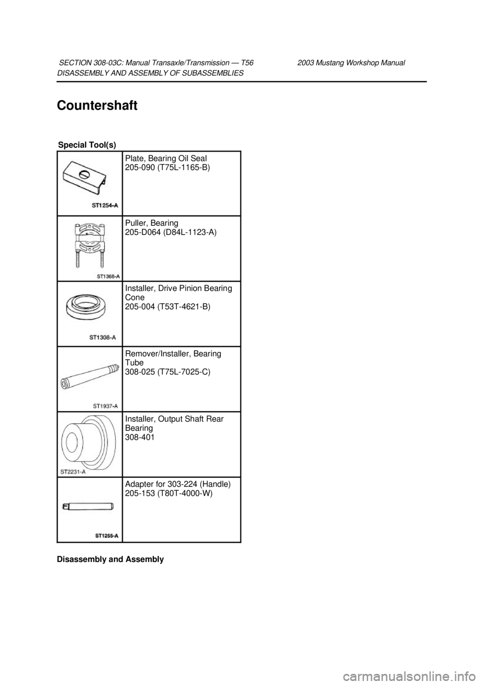 FORD MUSTANG 2003  Workshop Manual DISASSEMBLY AND ASSEMBLY OF SUBASSEMBLIES 
Countershaft 
Disassembly and Assembly  SECTION 308-
03C: Manual Transaxle/Transmission — T56 2003 Mustang Workshop Manual  Special Tool(s) 
Plate, Bearing