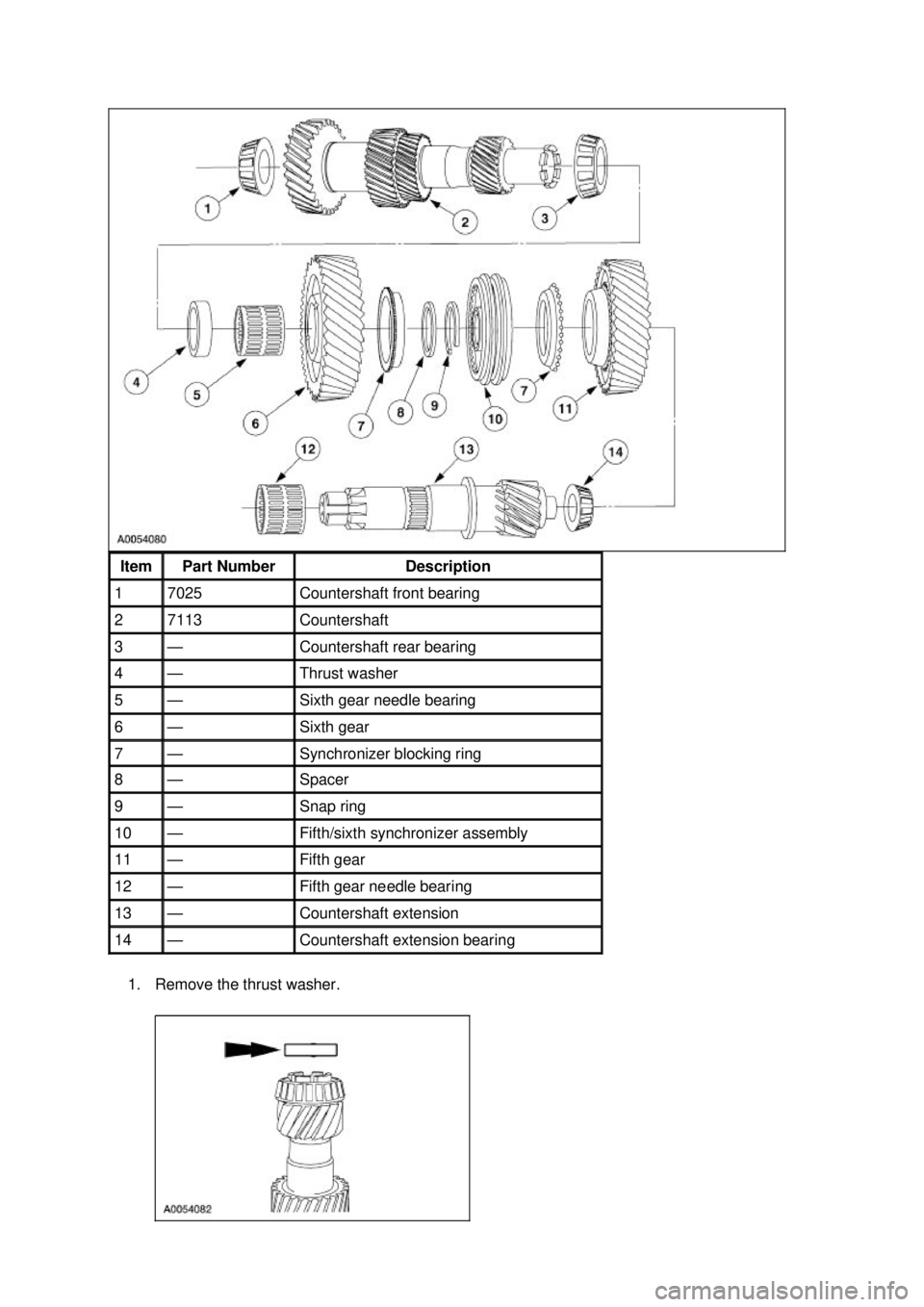 FORD MUSTANG 2003  Workshop Manual 1. Remove the thrust washer. Item  Part Number  Description 
1  7025  Countershaft front bearing 
2  7113  Countershaft 
3  — Countershaft rear bearing 
4  — Thrust washer 
5  — Sixth gear needl