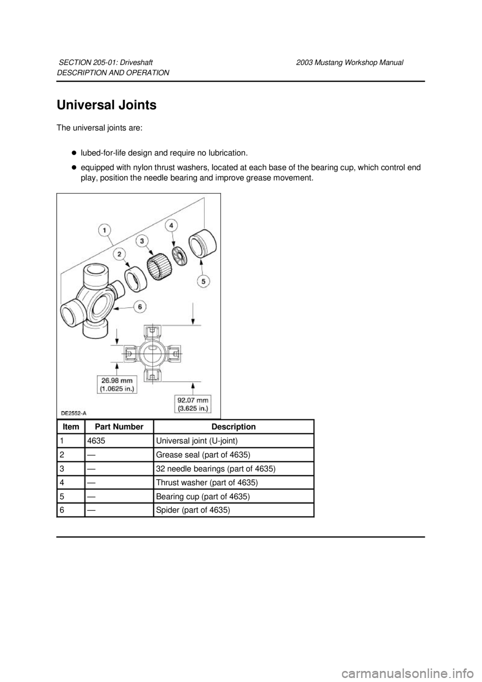 FORD MUSTANG 2003  Workshop Manual DESCRIPTION AND OPERATION 
Universal Joints 
The universal joints are: 
�zlubed- for-life design and require no lubrication. 
�z equipped with nylon thrust washers, located at each base of the bearing