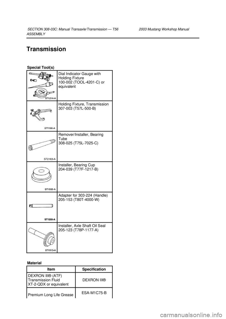 FORD MUSTANG 2003  Workshop Manual ASSEMBLY 
Transmission 
SECTION 308-
03C: Manual Transaxle/Transmission — T56 2003 Mustang Workshop Manual  Special Tool(s) 
Dial Indicator Gauge with 
Holding Fixture 
100-
002 (TOOL- 4201-C) or 
e